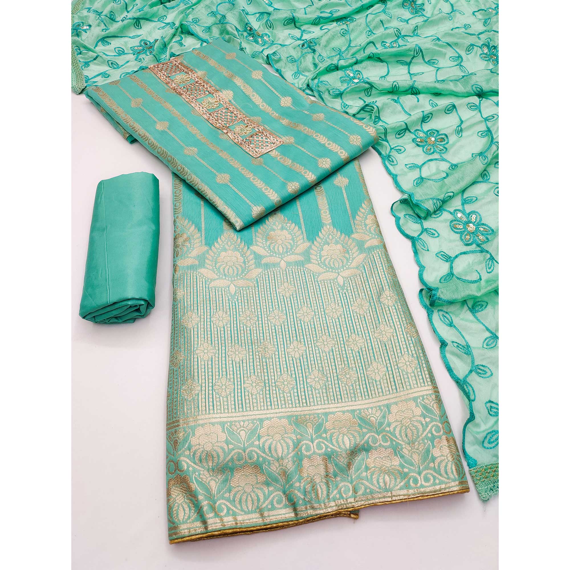 Sea Green Woven Banarasi Silk Dress Material