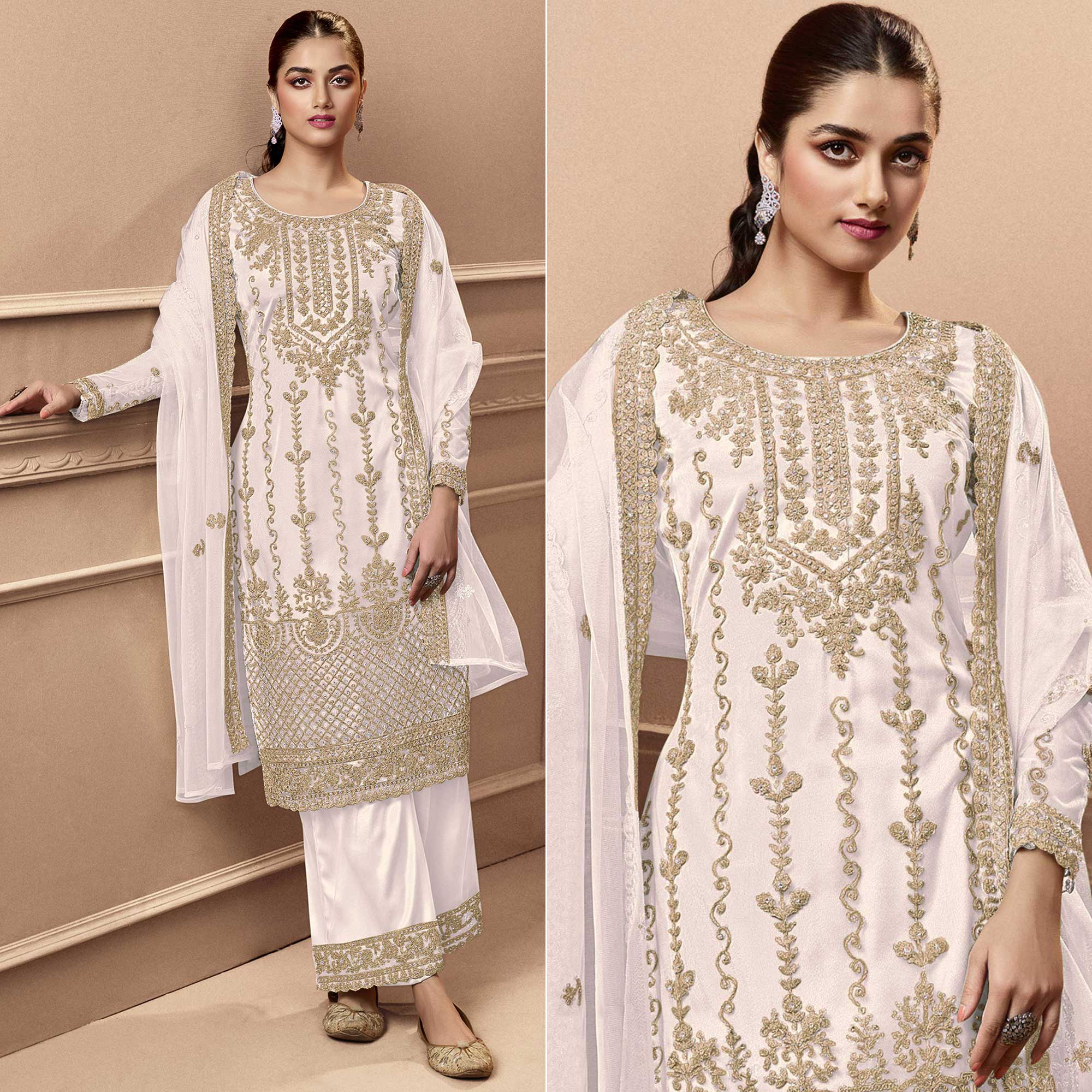 White Floral Embroidered Netted Pakistani Suit