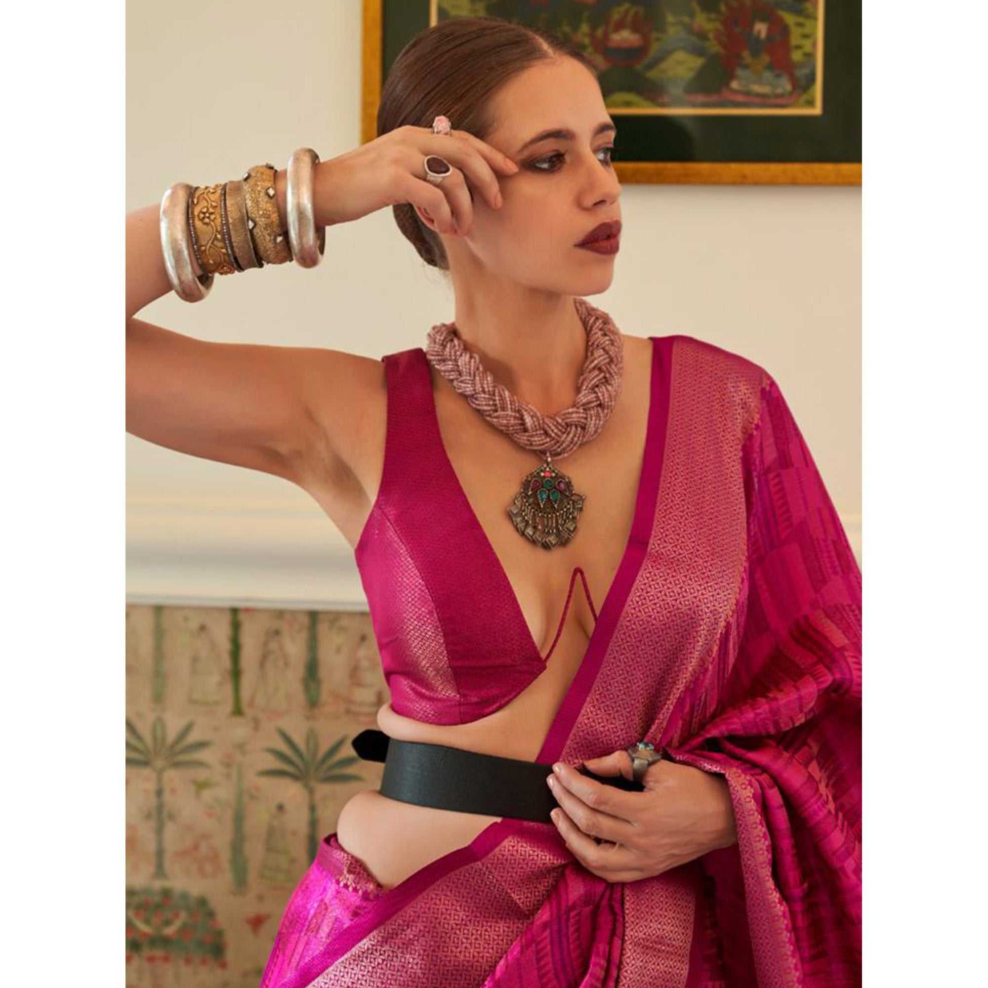 Rose Pink Woven Organza Saree With Tassels