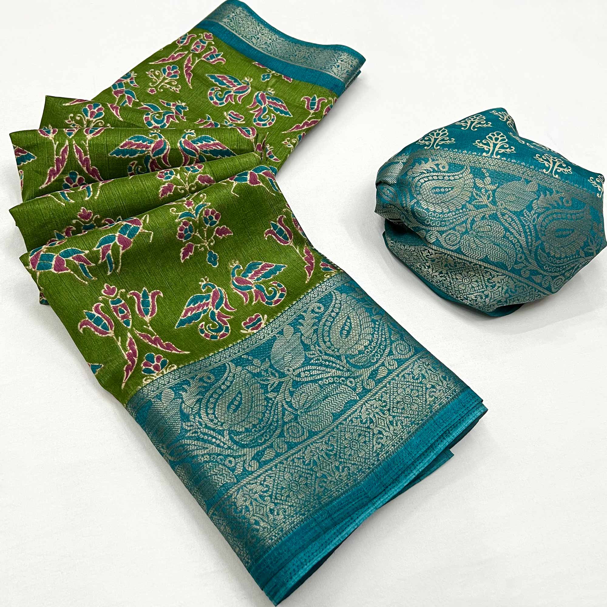 Green Blue Printed With Woven Border Dola Silk Saree