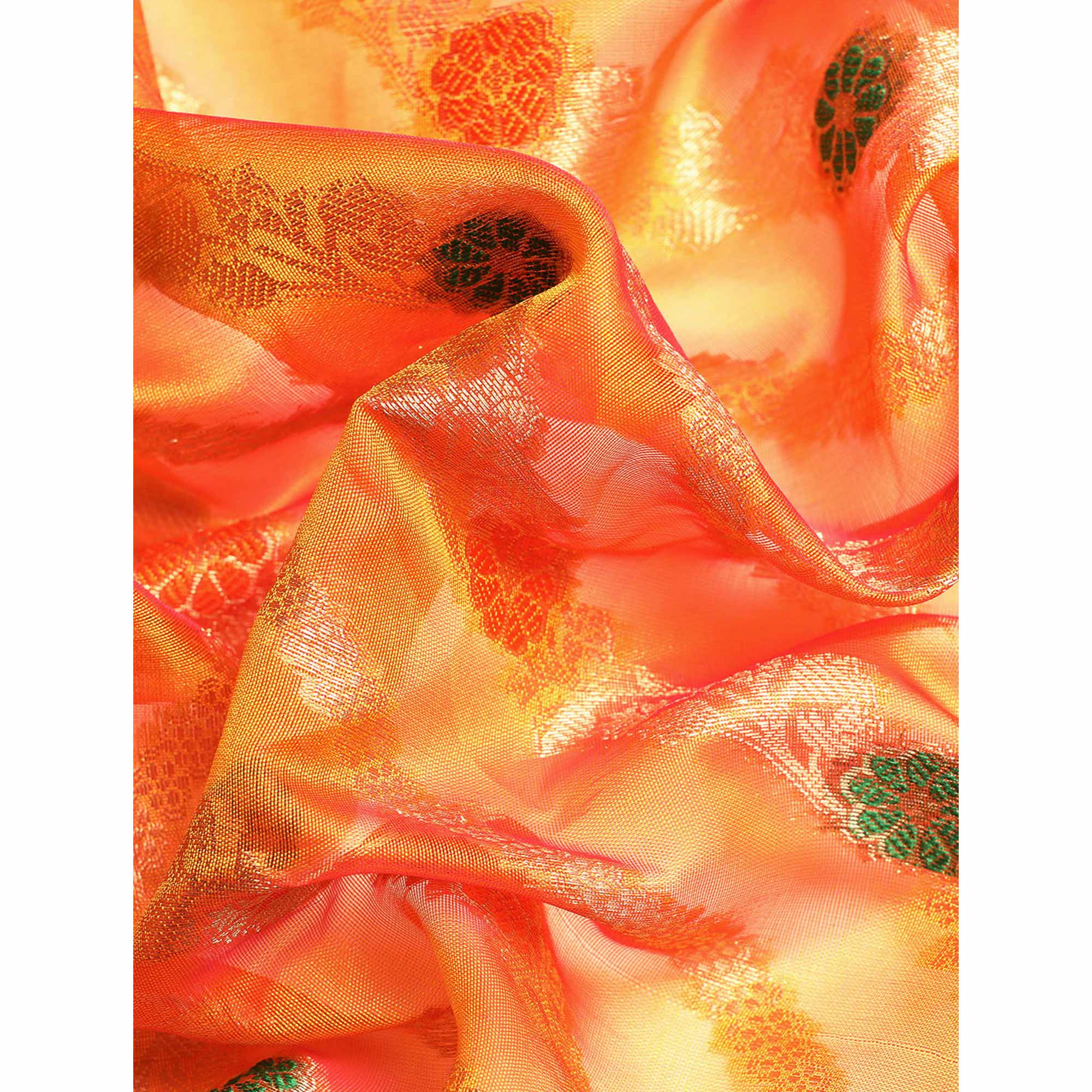 Orange Floral Woven Organza Silk Saree