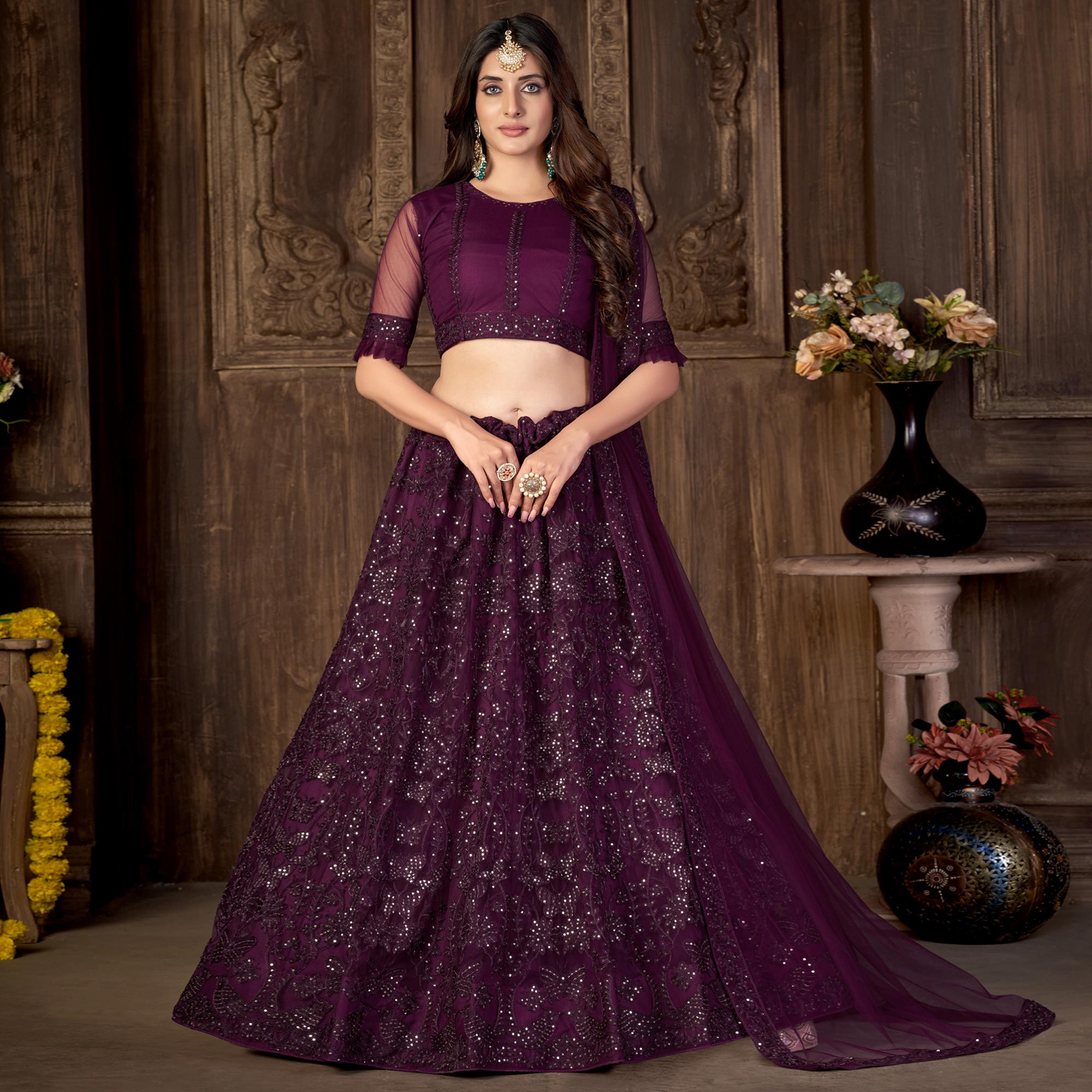 Wine Sequins Embroidered Netted Lehenga Choli