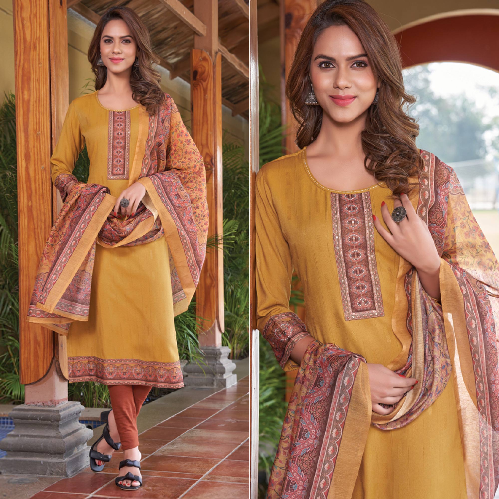 Mustard Embroidered Rayon Kurti With Dupatta
