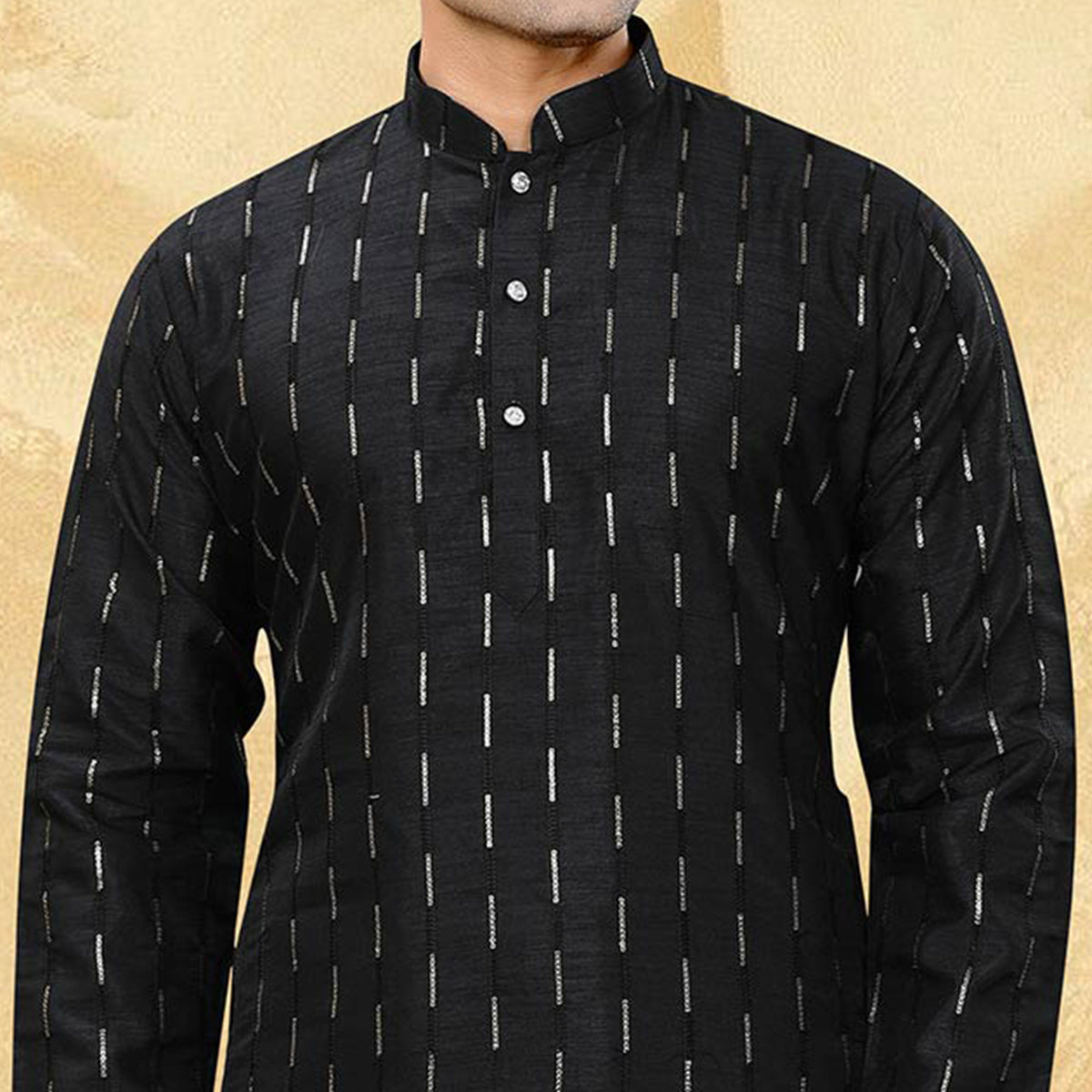 Black Sequins Embroidered Art Silk Kurta Pyjama Set