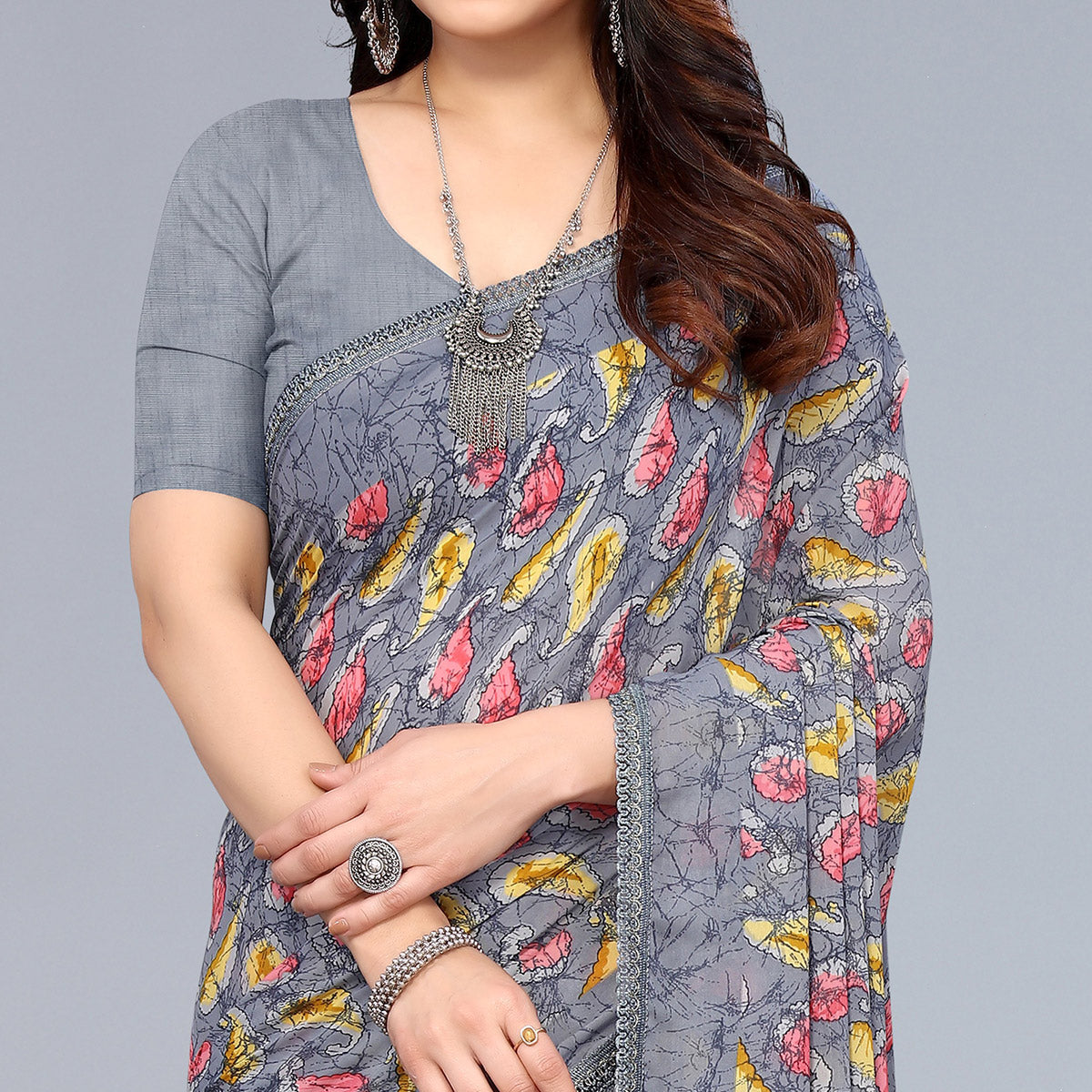 Grey Printed Georgette Saree With Crochet Border