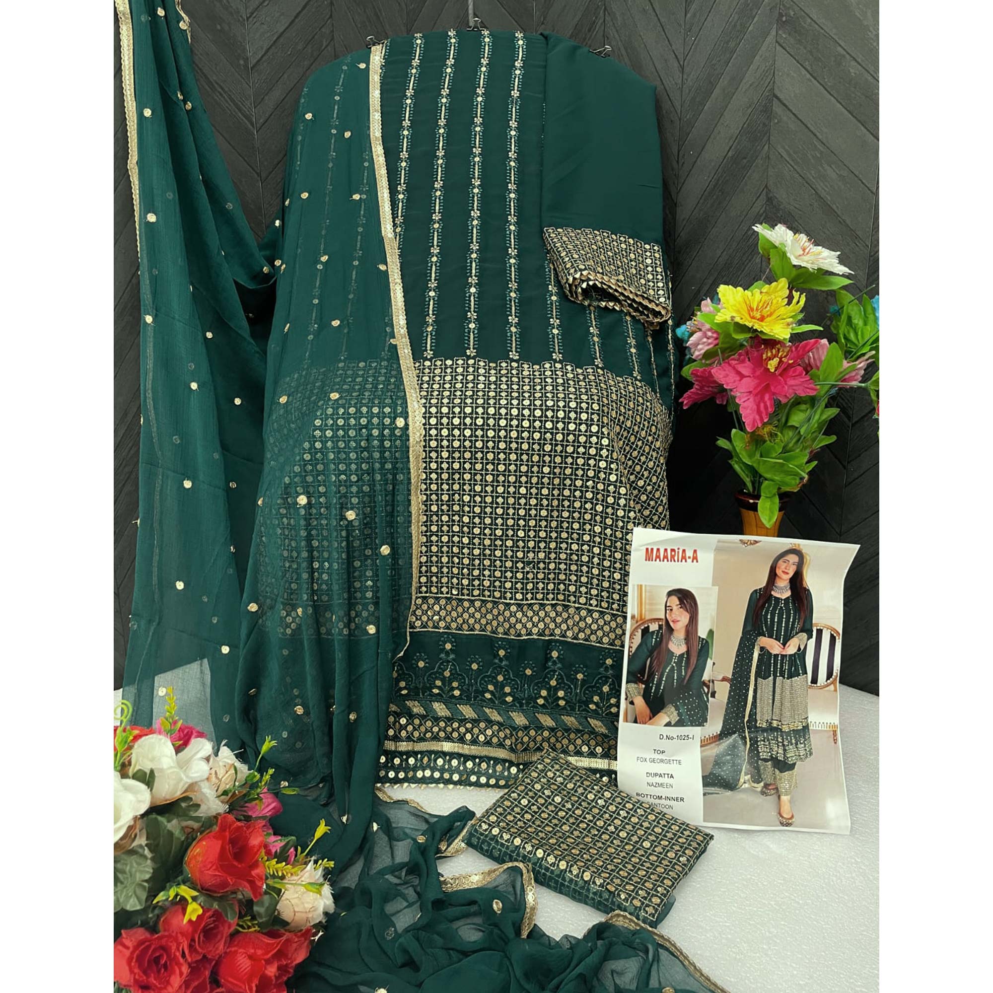 Green Sequins Embroidered Georgette Pakistani Suit