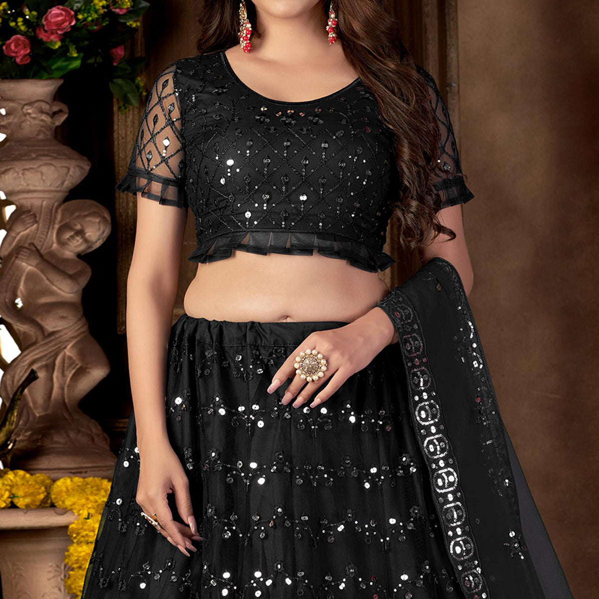 Black Sequins Embroidered Net Lehenga Choli
