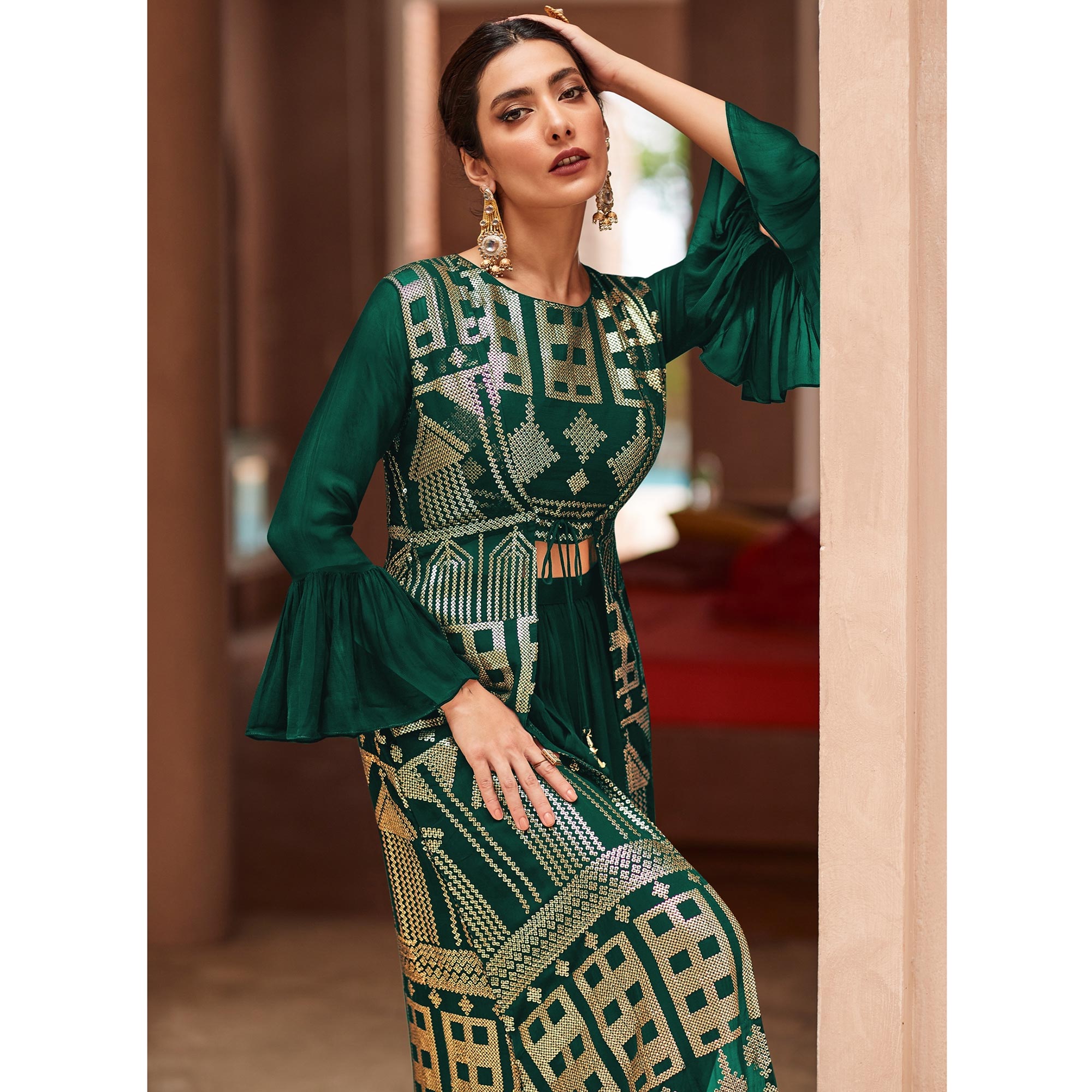 Green Sequins Embroidered Georgette Sharara Choli With Jacket