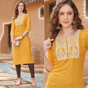 Yellow Floral Embroidered Rayon Kurti