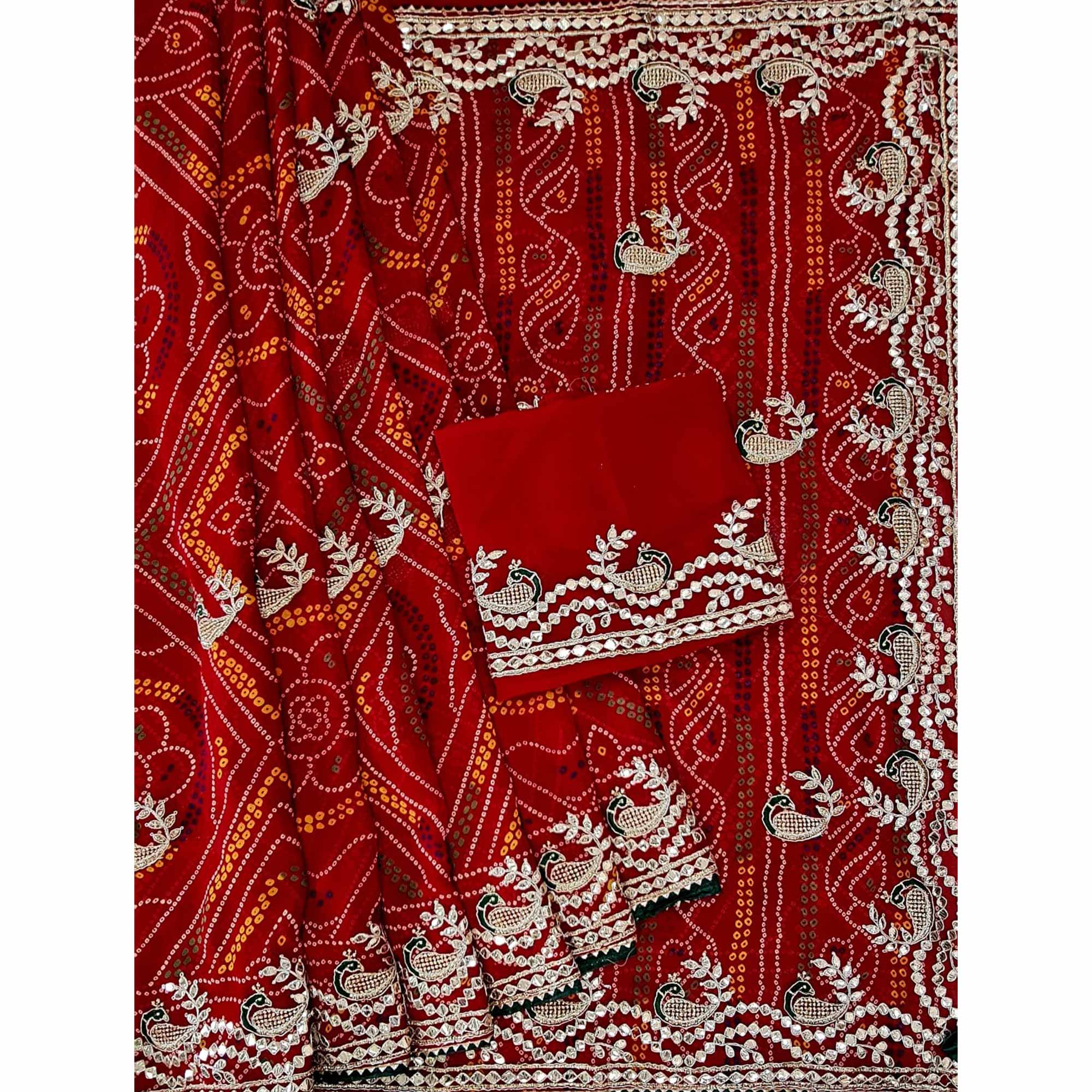 Red Printed With Gota Patti Border Georgette Saree