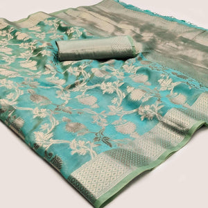 Rama Green Floral Woven Organza Saree
