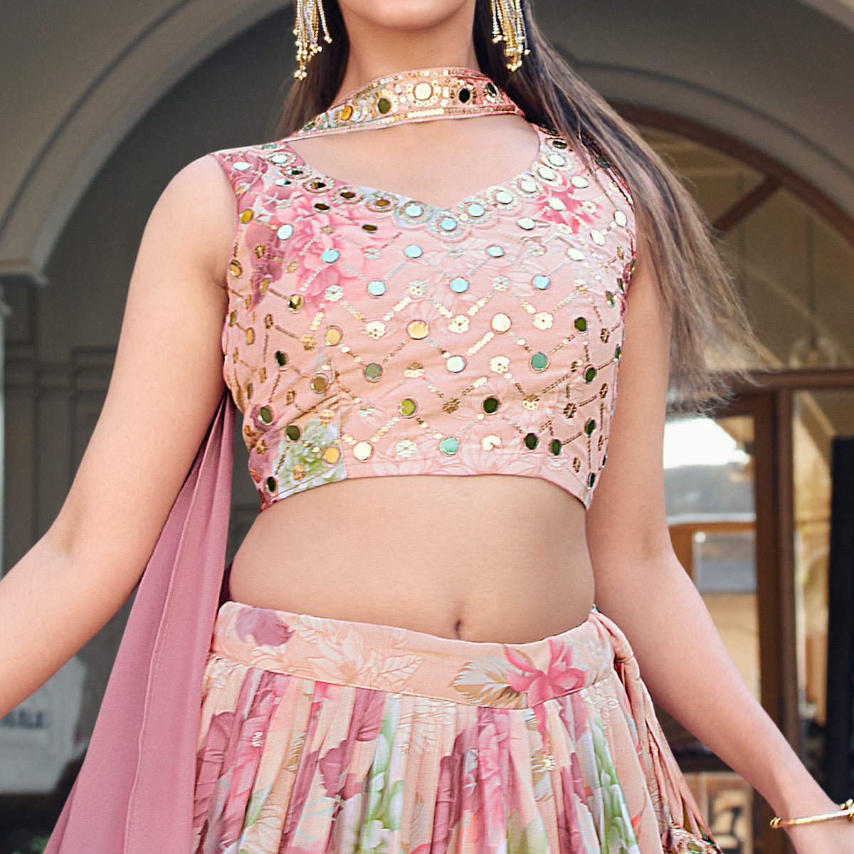 Pink Printed With Sequins Embroidered Georgette Lehenga Choli