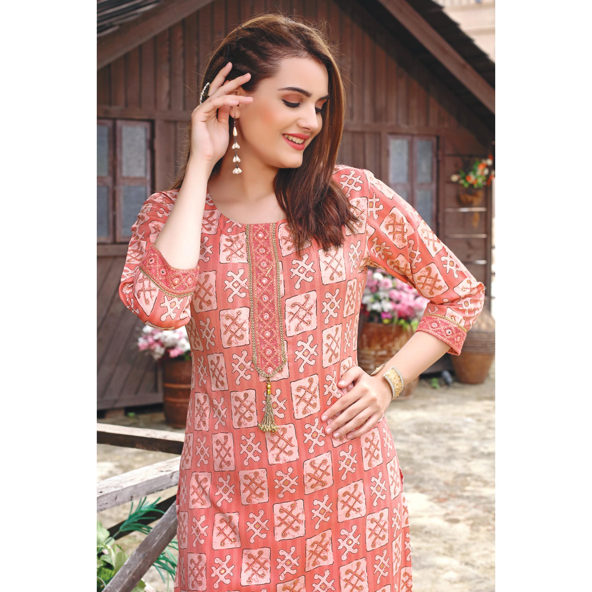 Light Peach Printed Muslin Kurti