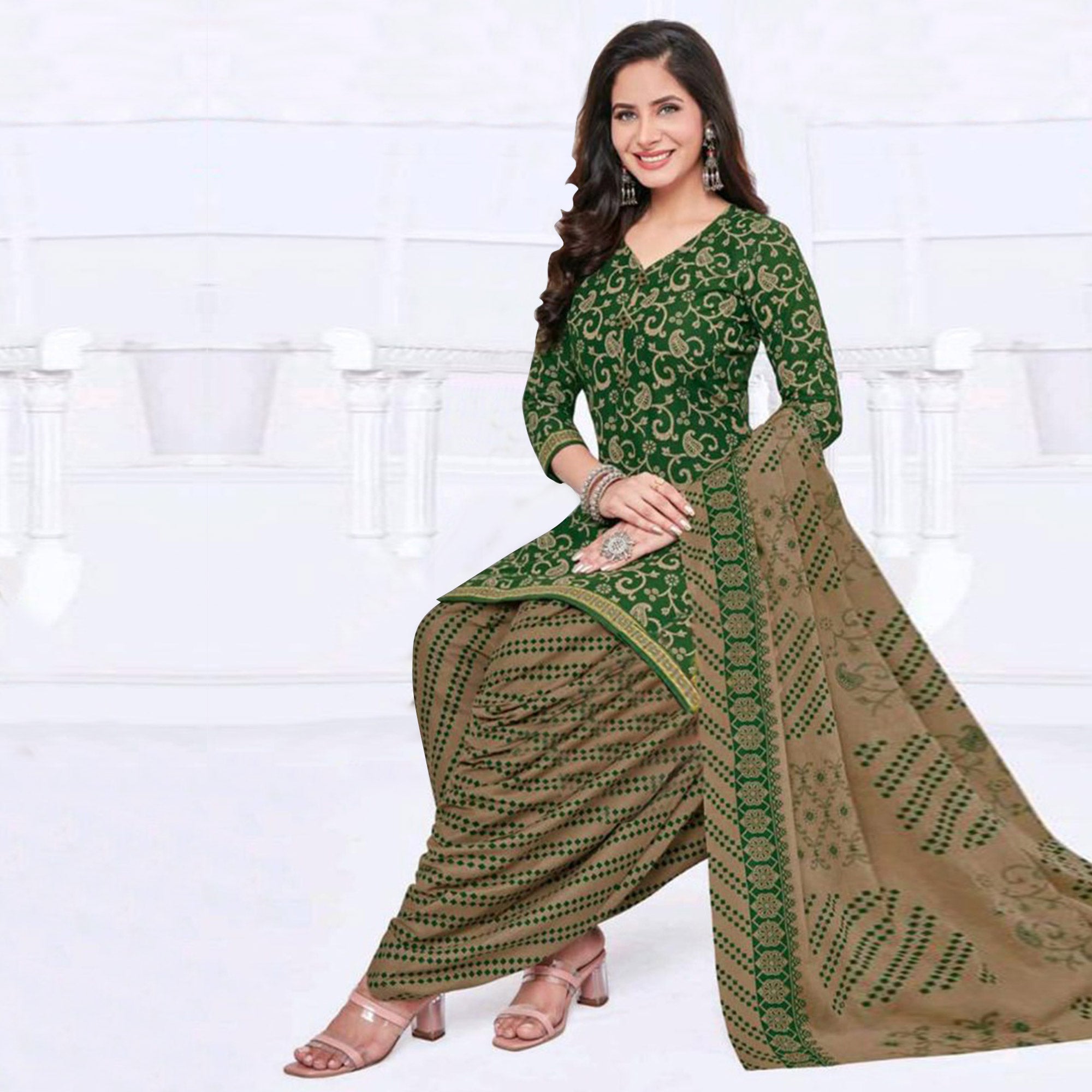Green Printed Crepe Patiala Dress Material