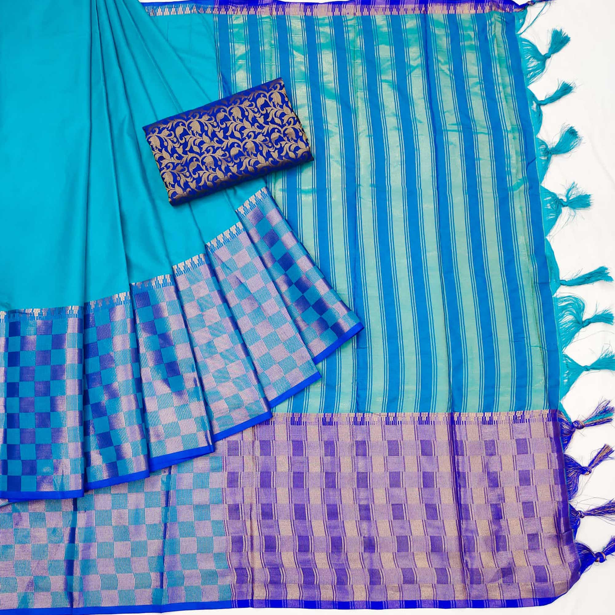 Firozi Woven Cotton Silk Saree With Tassels