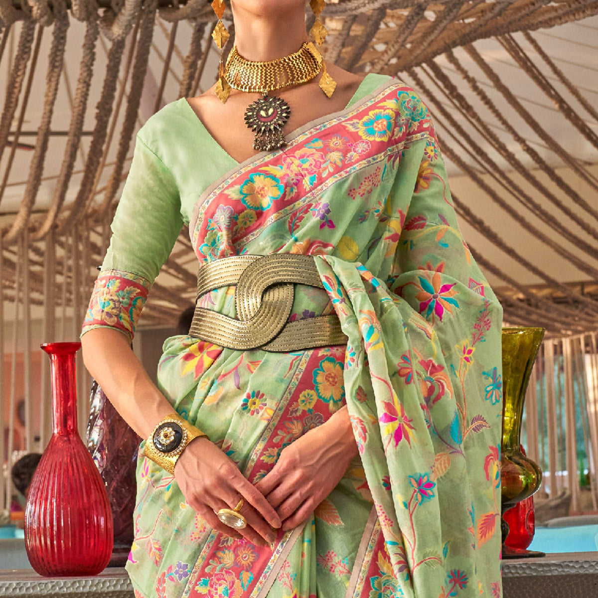 Green Floral Woven Modal Saree