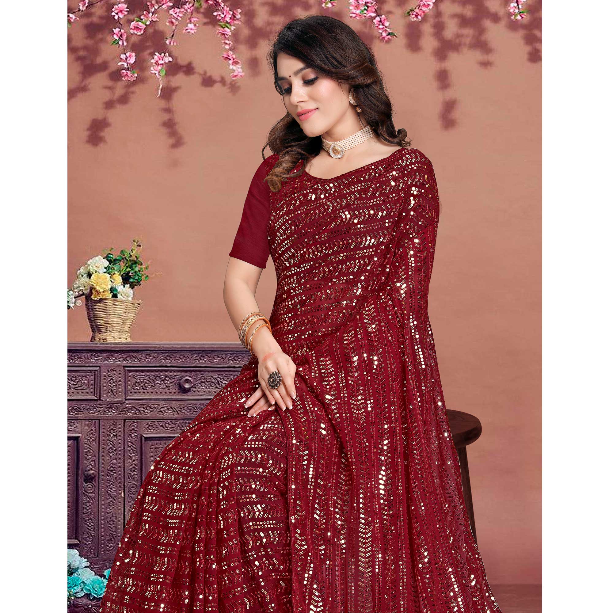 Maroon Sequins Emroidered Georgette Saree