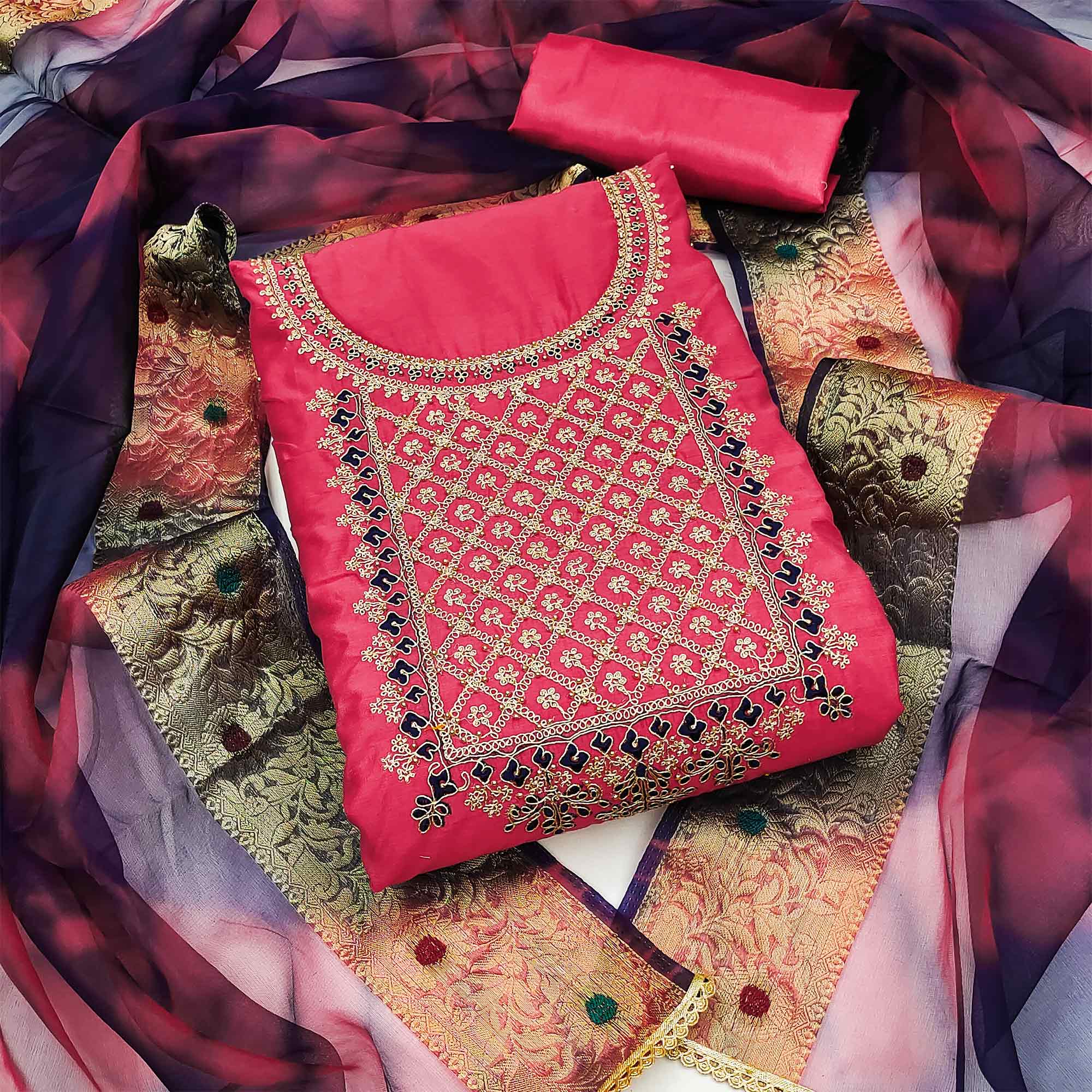 Pink Embroidered Modal Dress Material