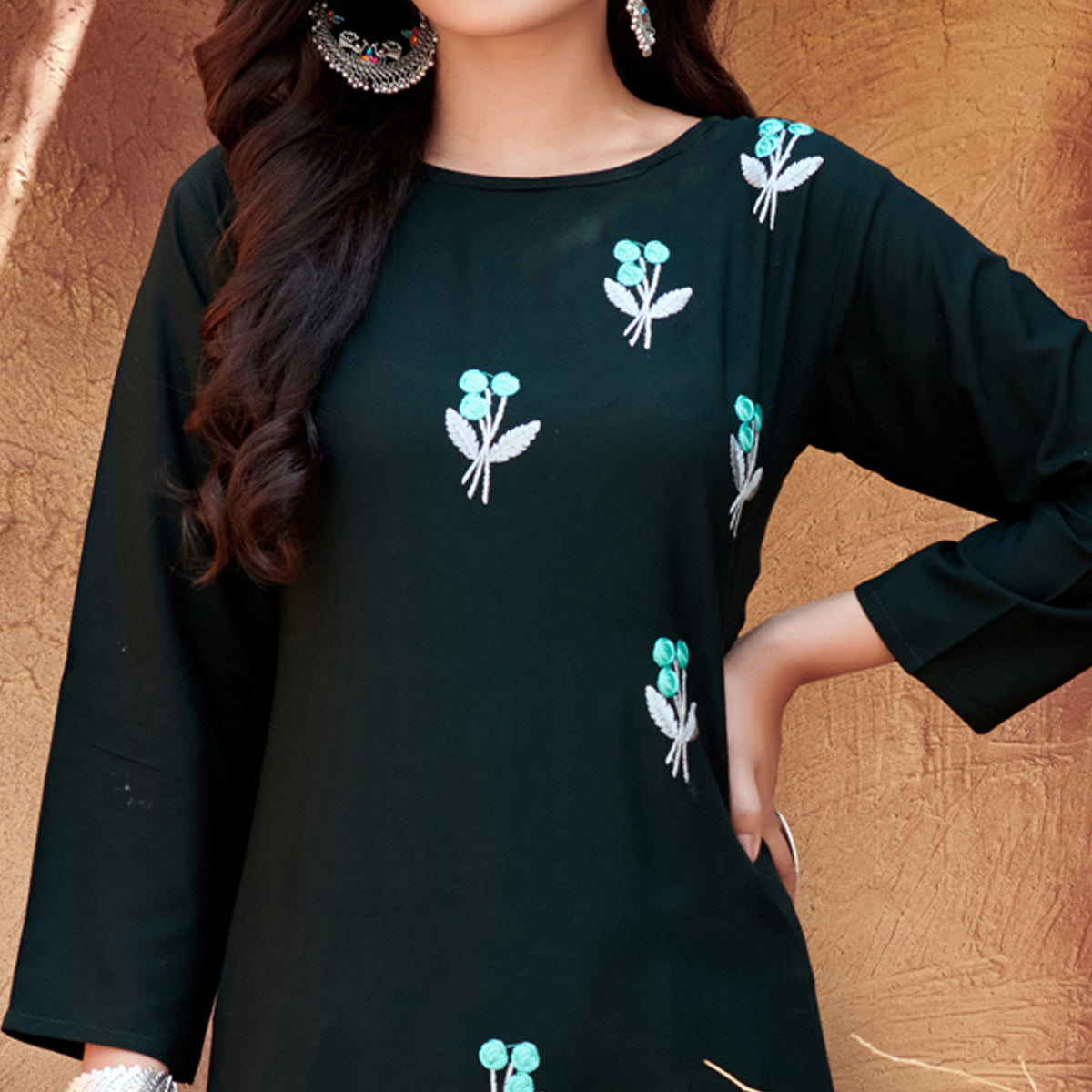 Black Floral Embroidered Rayon Kurti