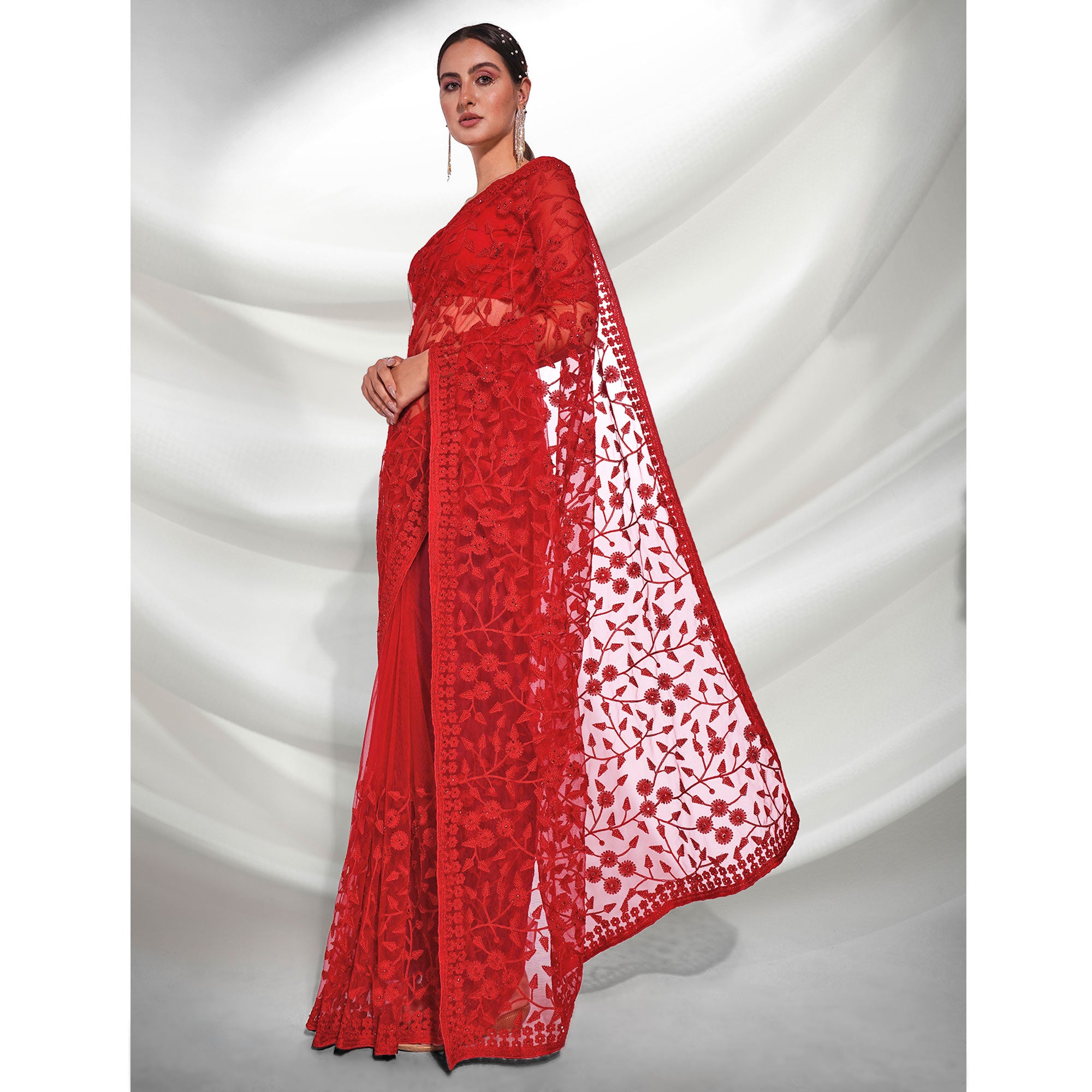 Red Floral Embroidered Soft Net Saree