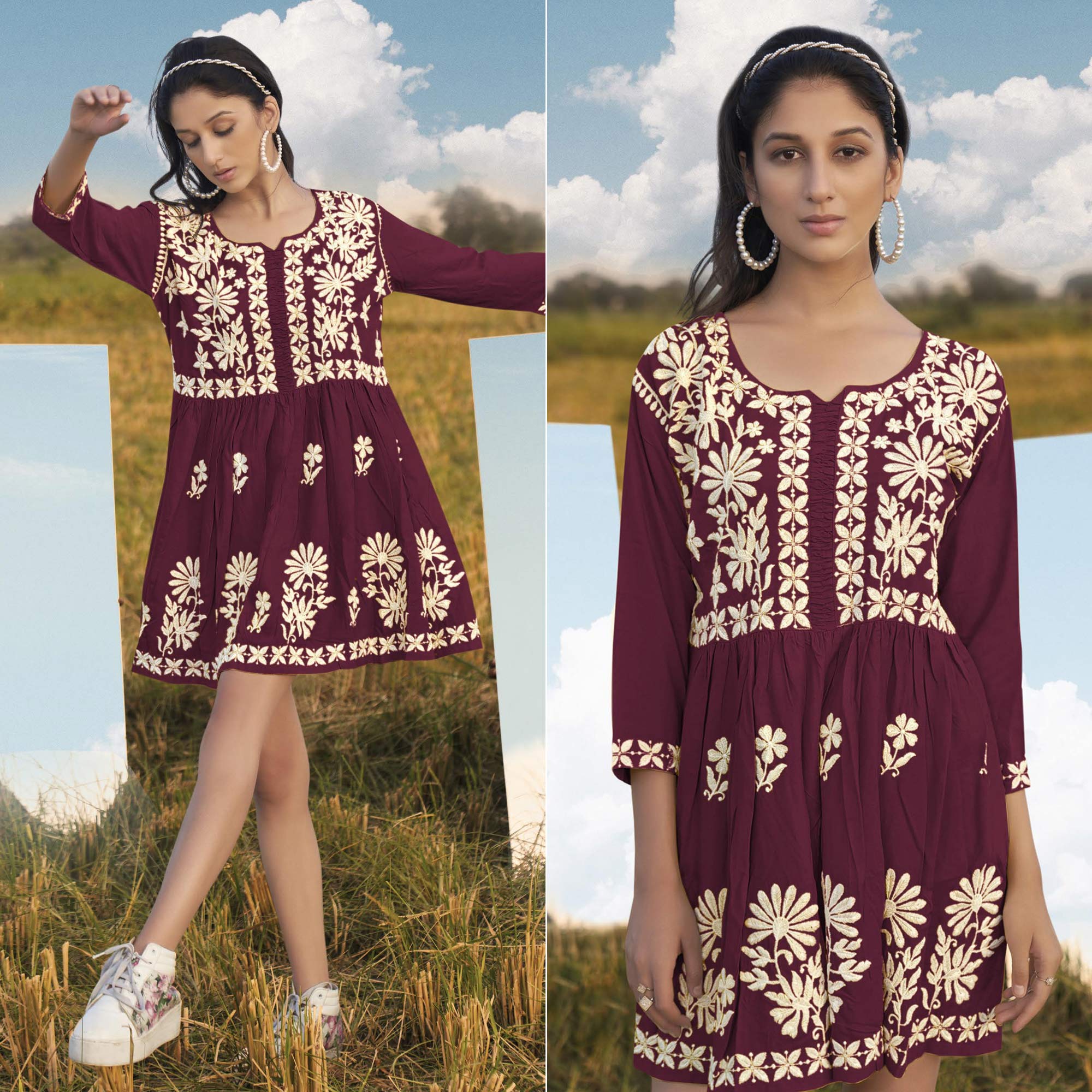 Wine Lucknowi Embroidered Rayon Tunic