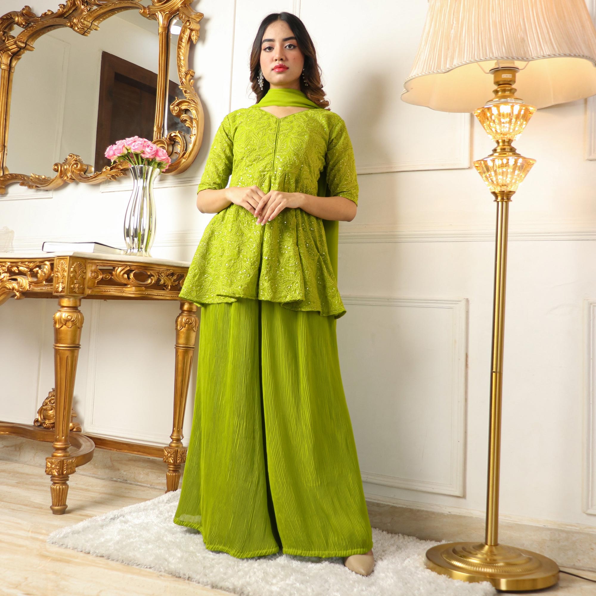 Green Sequins Embroidered Georgette Sharara Suit