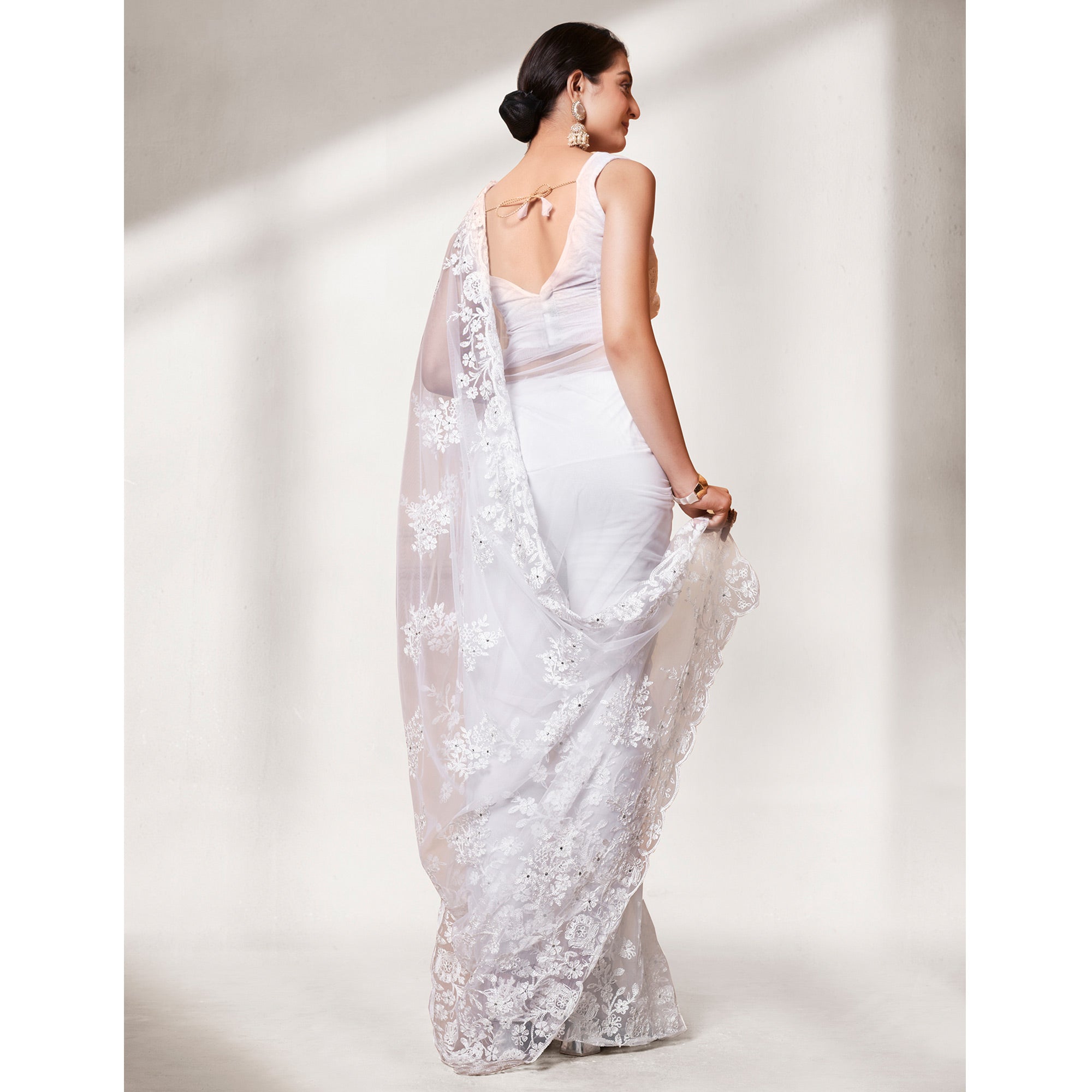 White Floral Embroidered Soft Net Saree