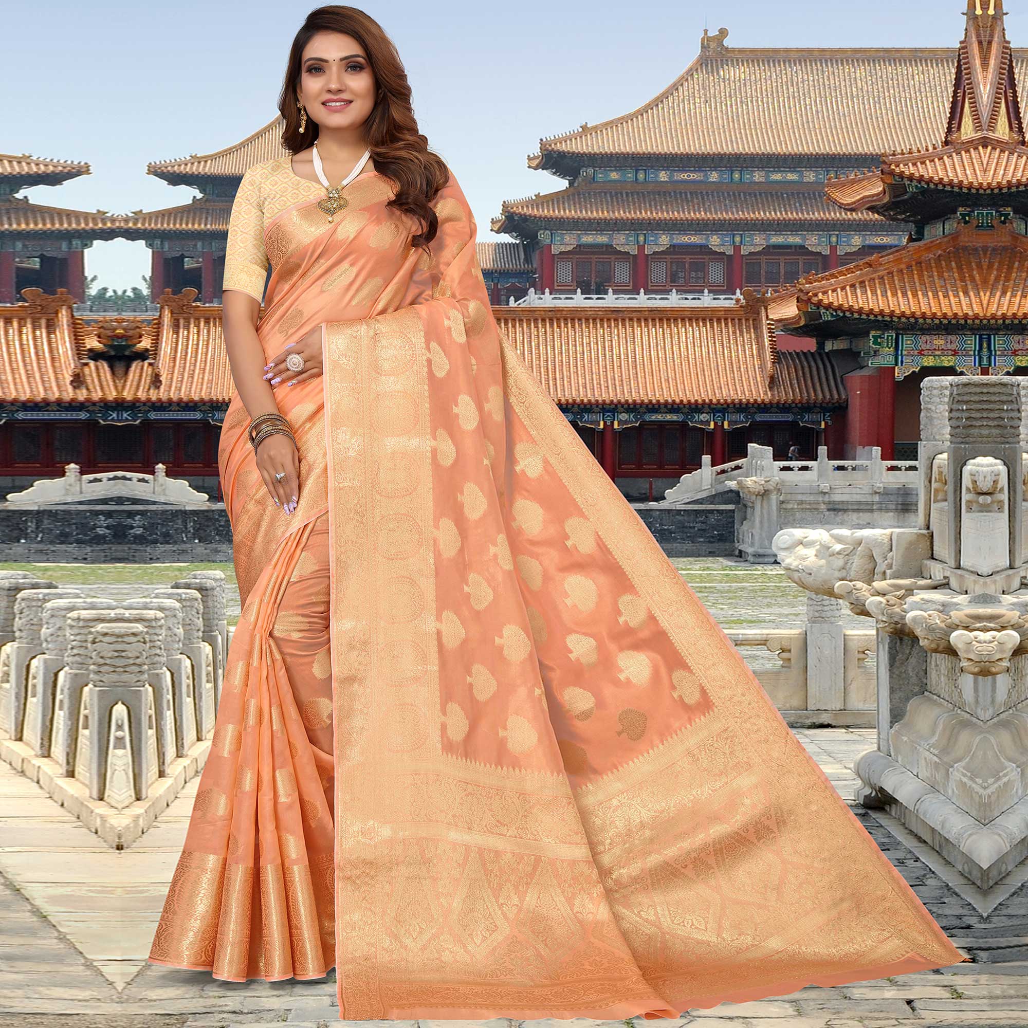 Peach Woven Organza Saree
