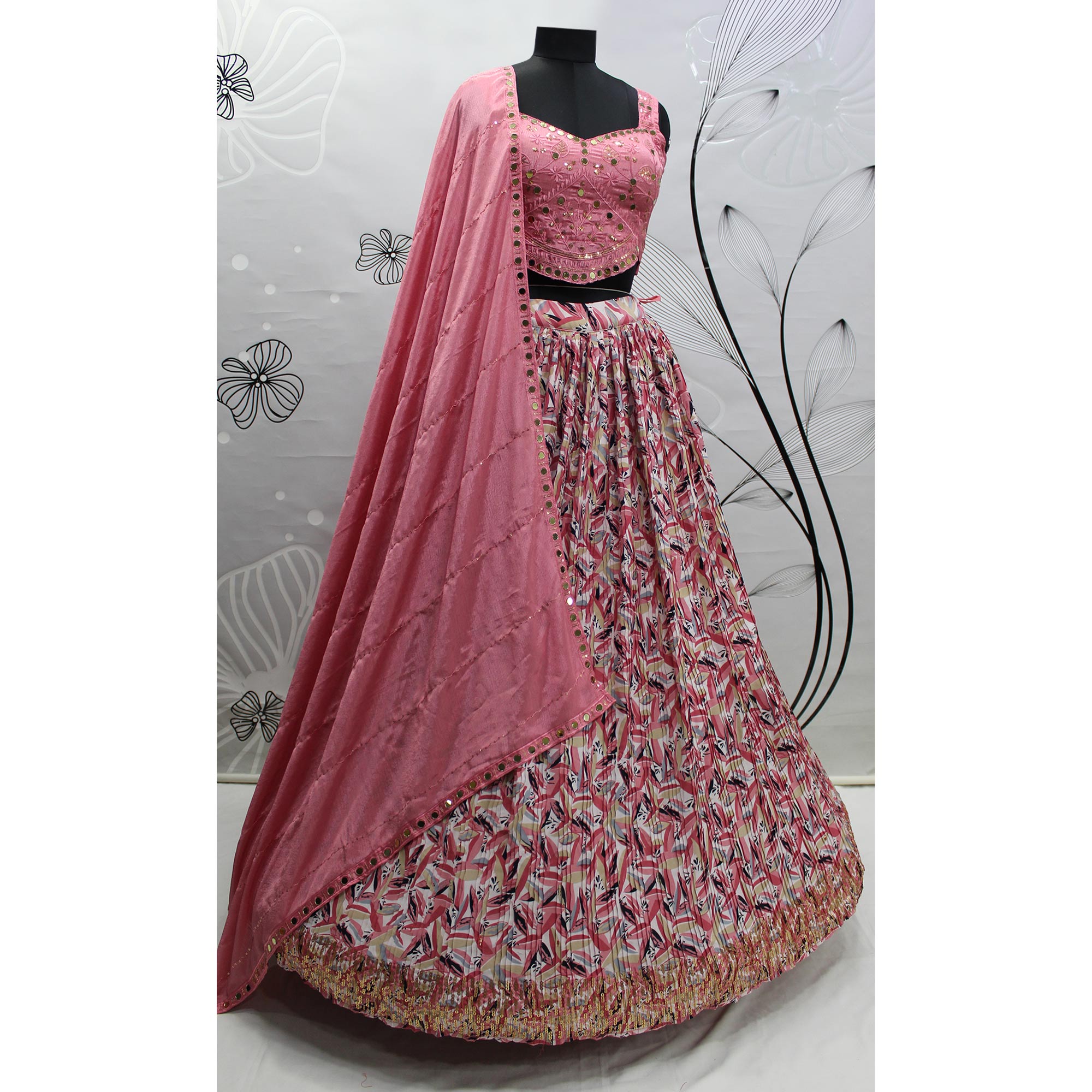 Pink Printed Art Silk Lehenga Choli