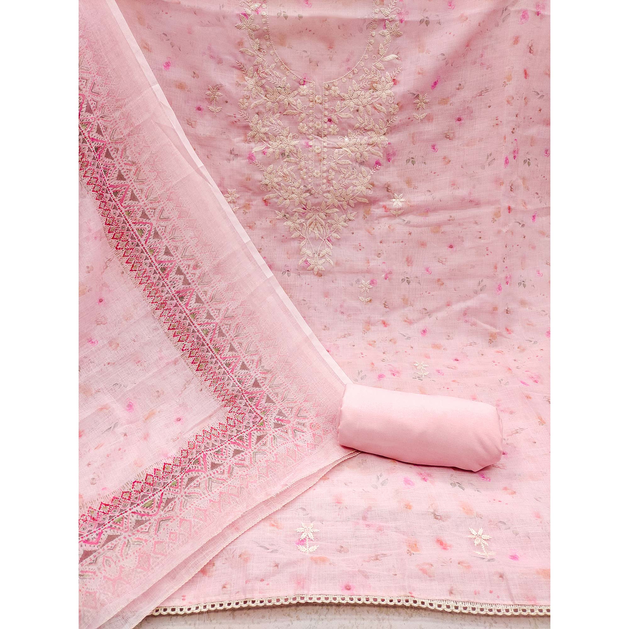 Pink Floral Printed Cotton Dress Material