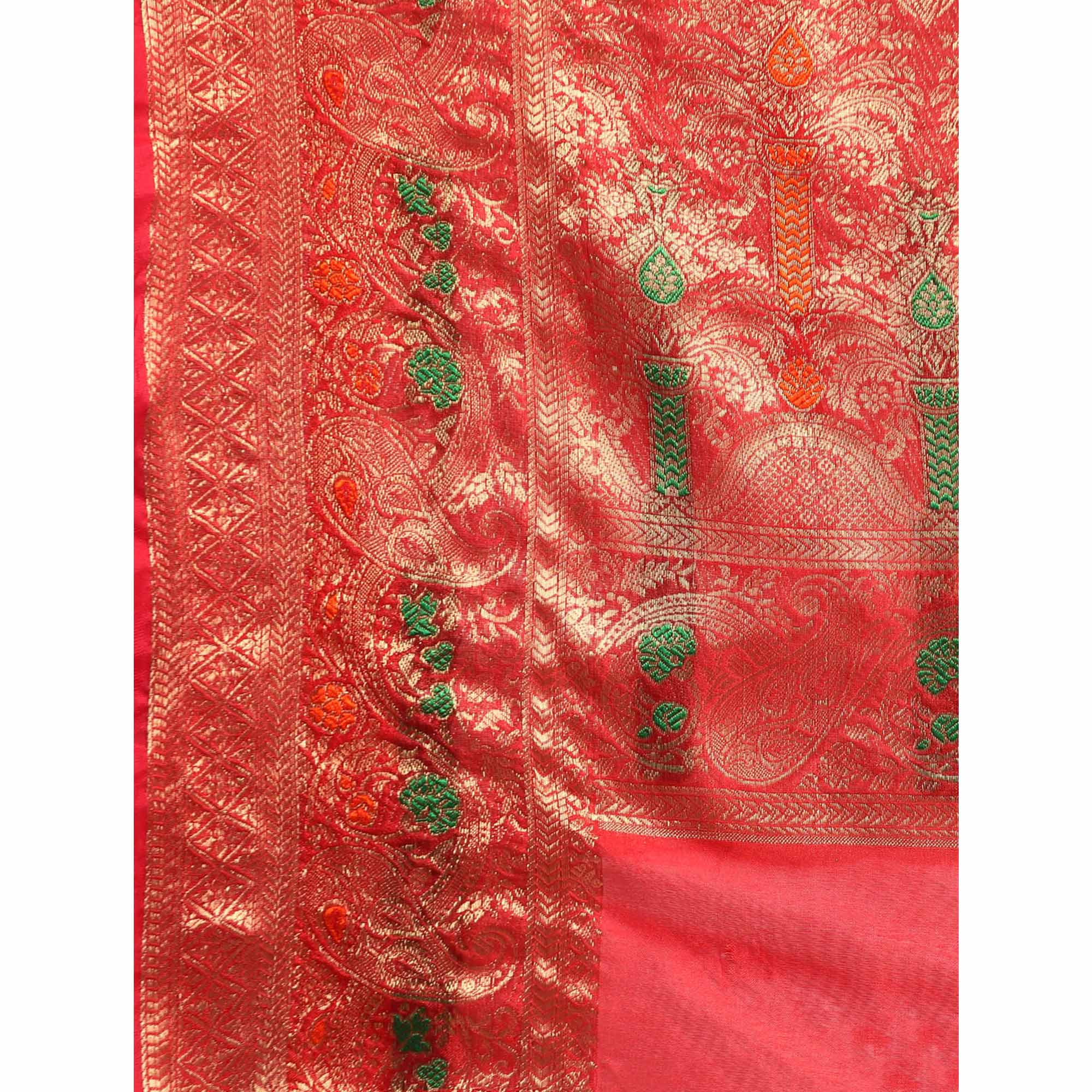 Red Floral Woven Organza Silk Saree
