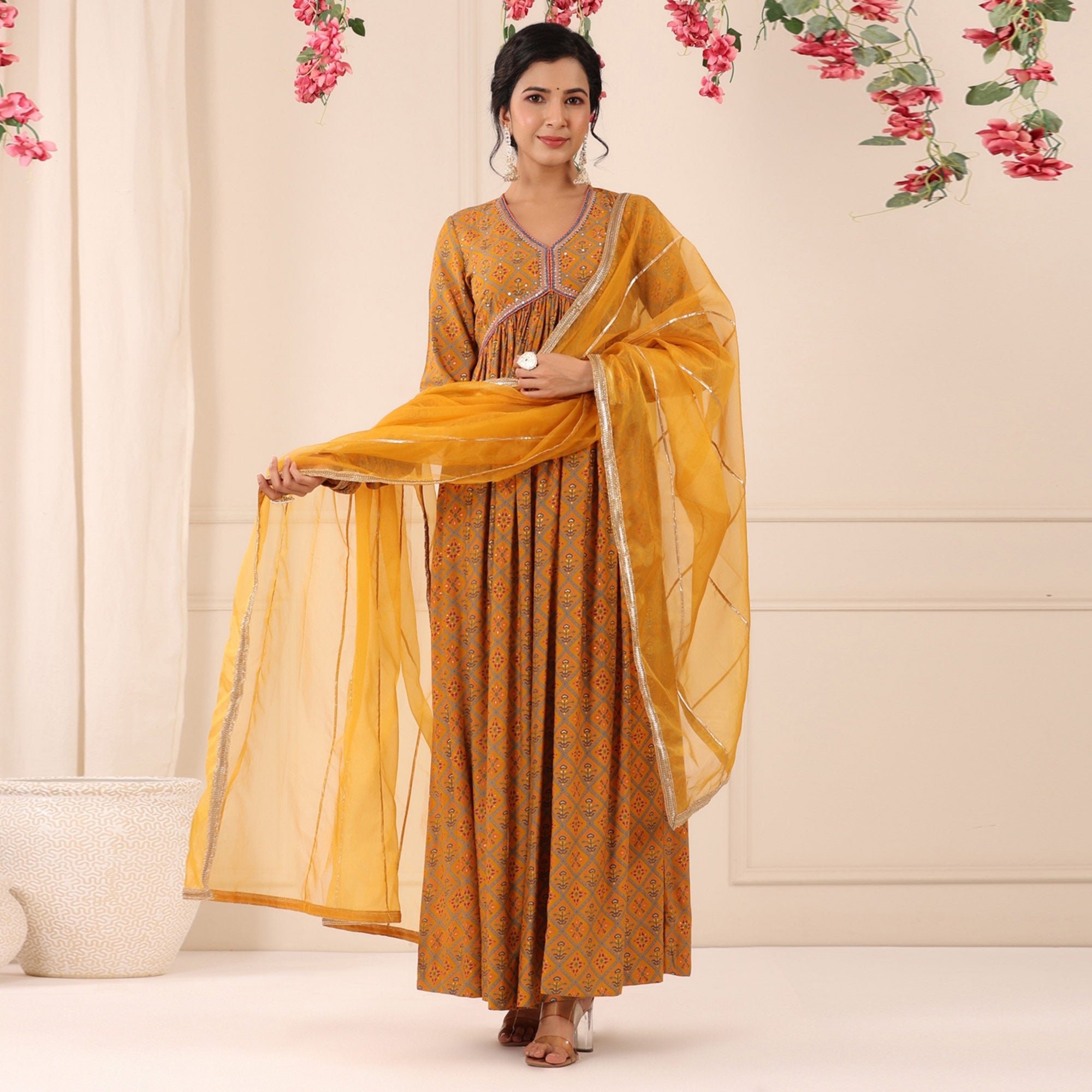 Mustard Patola Printed Muslin Gown With Dupatta