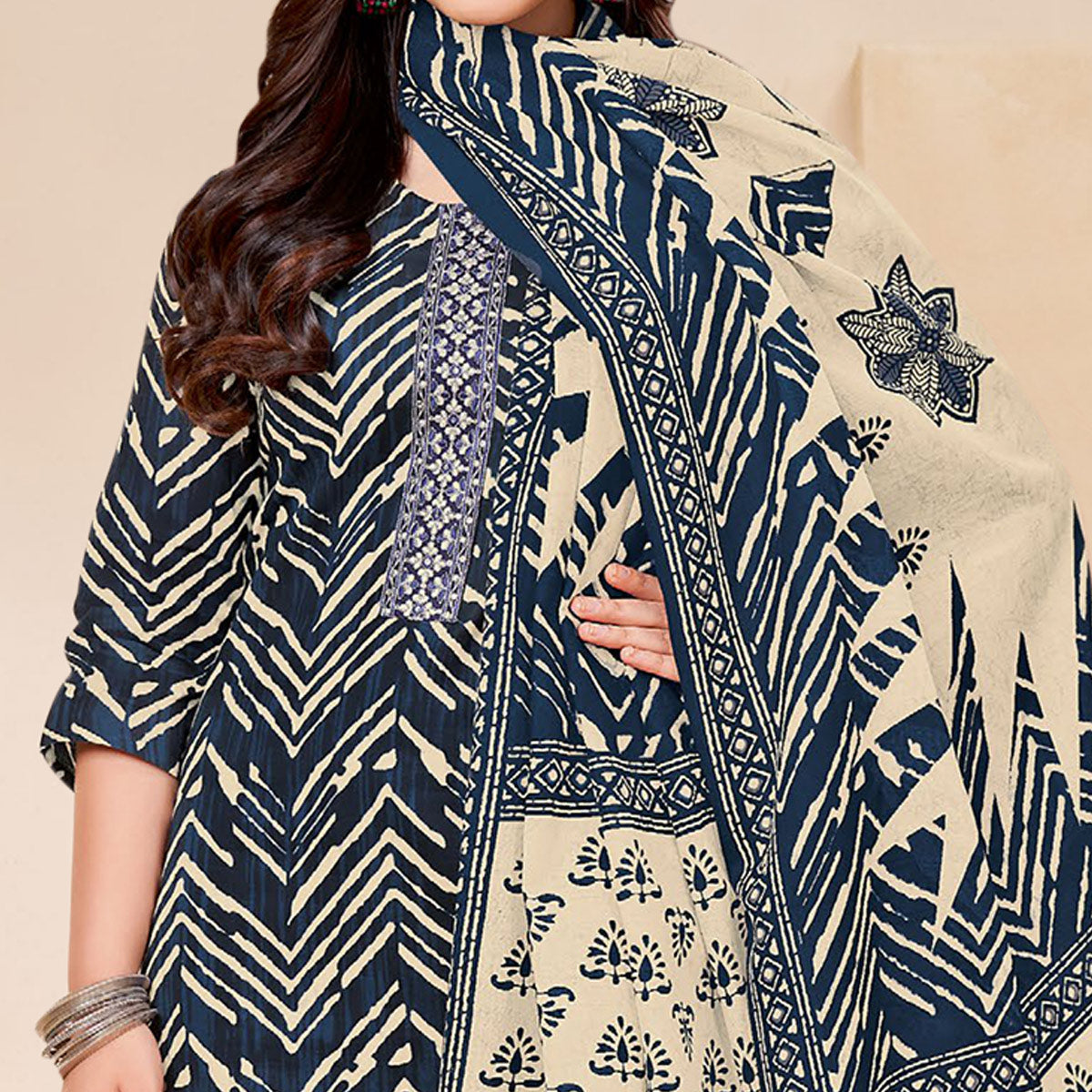 Blue Printed With Tie Embroidered Pure Cotton Suit