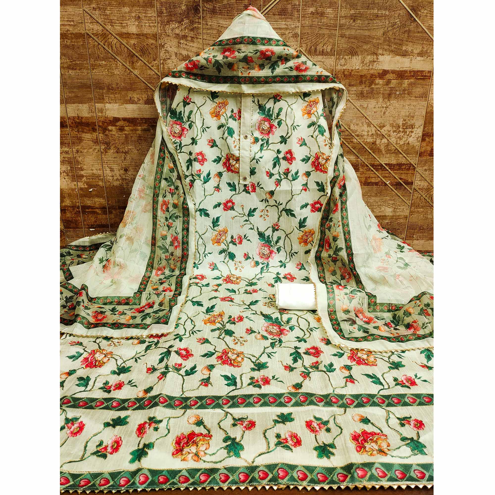 Green Floral Printed Banglori Silk Dress Material