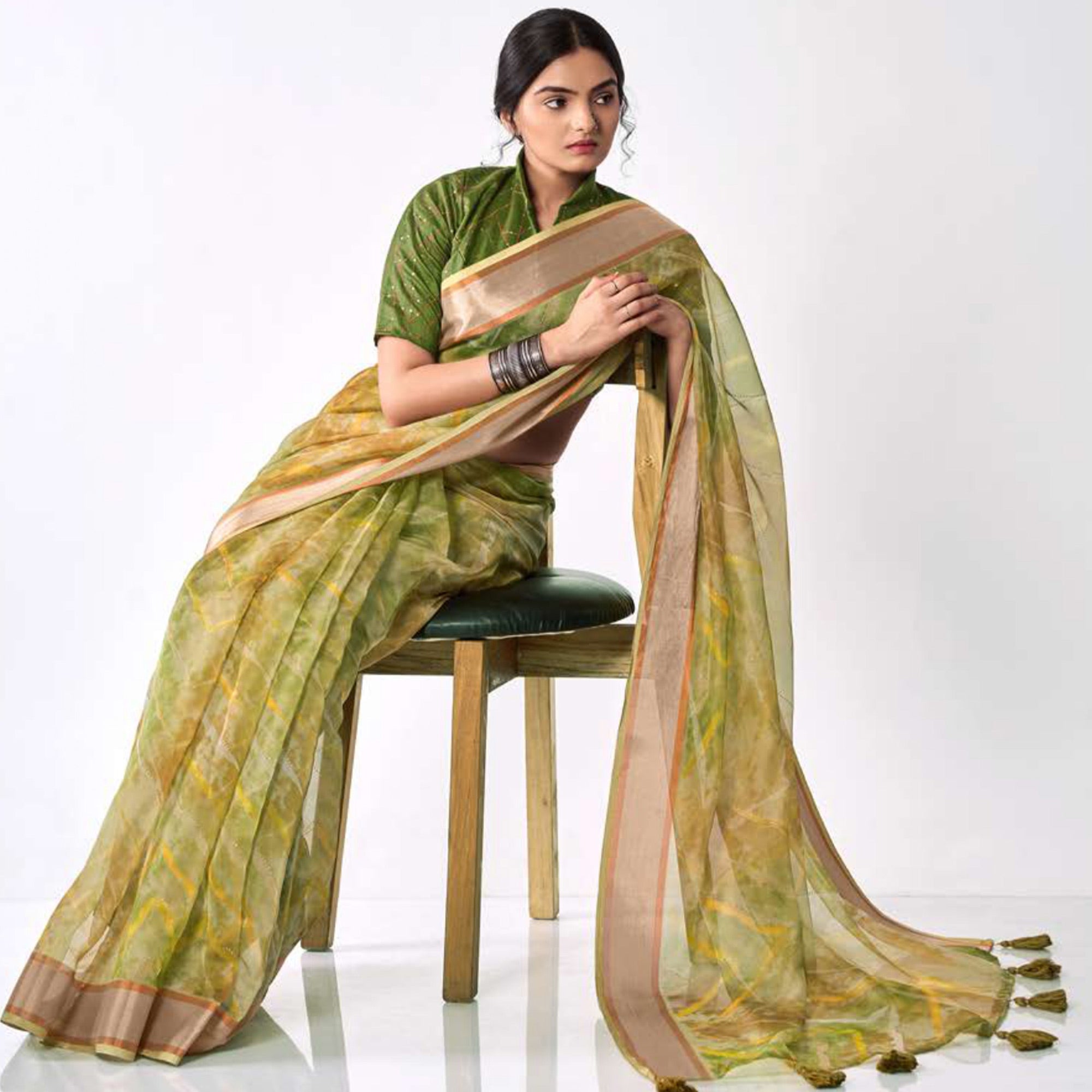 Green Printed Organza Saree With Woven Border