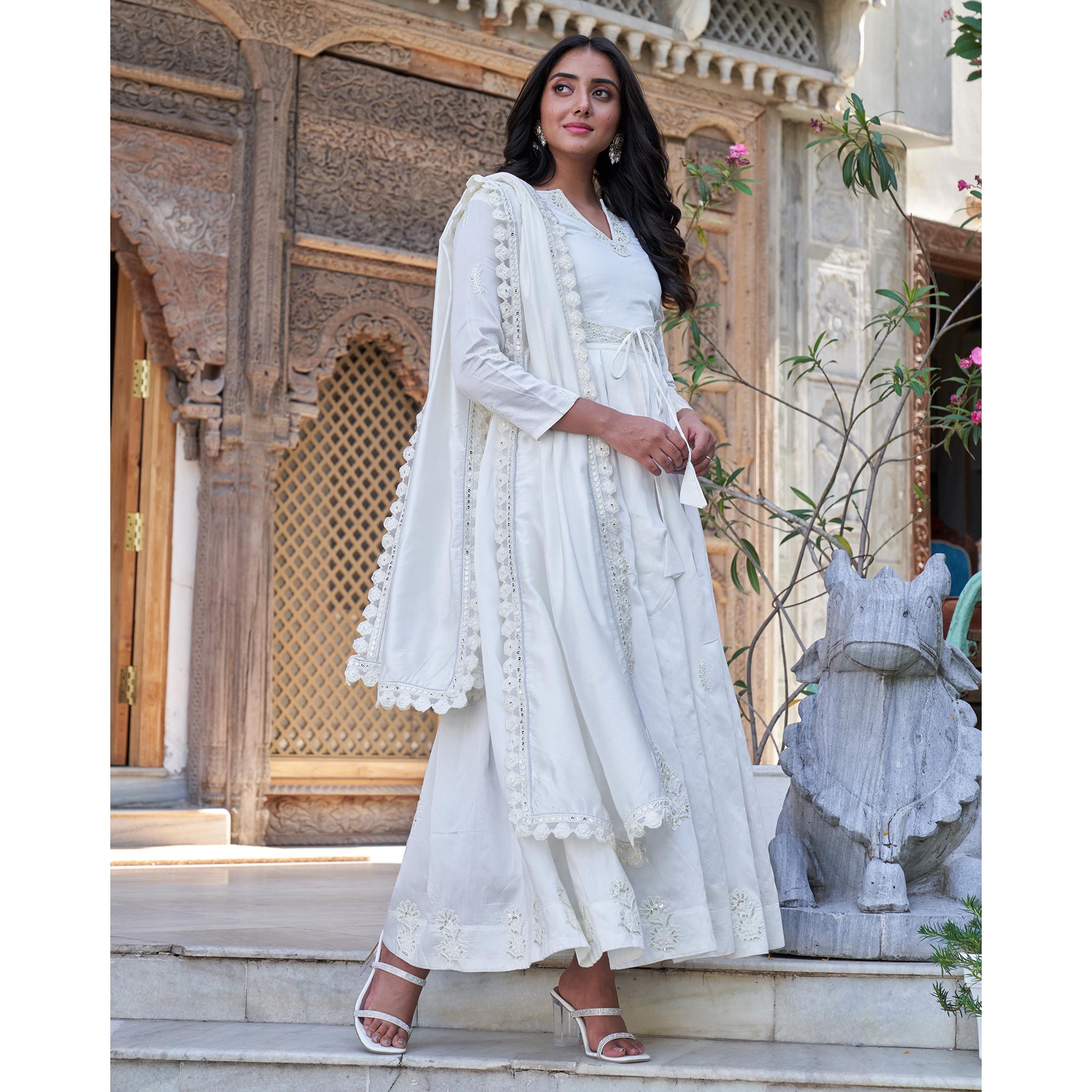 White Sequins Embroidered Chanderi Gown