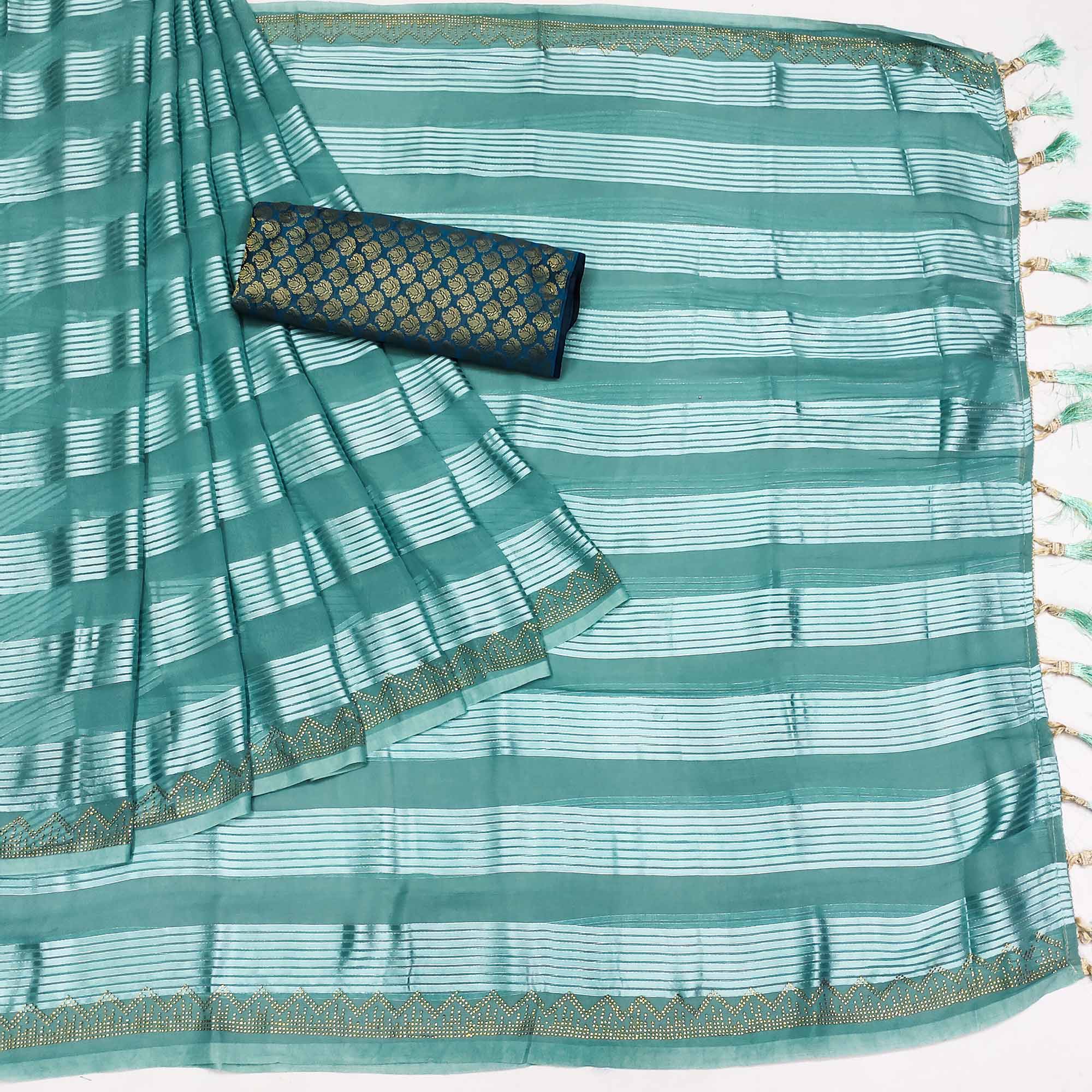 Blue Striped With Stone Work Georgette Saree