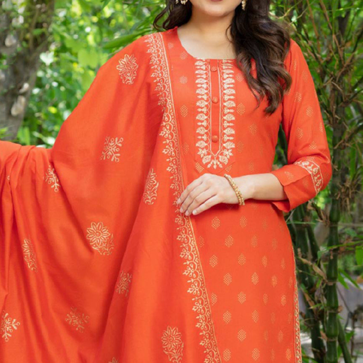Orange Printed Rayon Salwar Suit