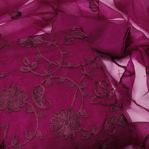 Wine Floral Embroidered Organza Dress Material