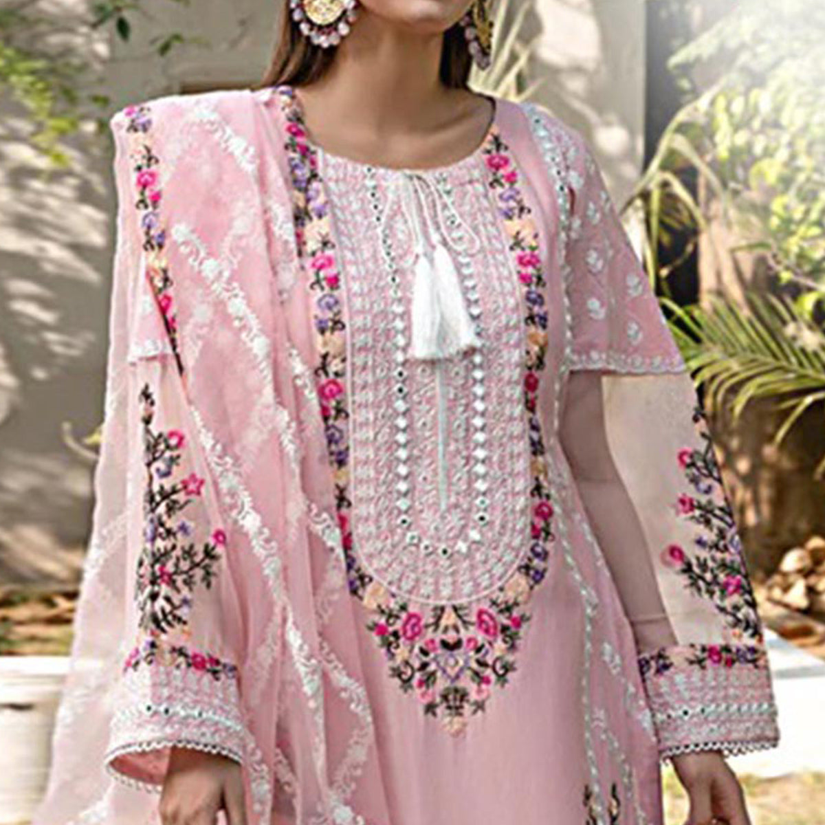 Pink Floral Embroidered Georgette Palazzo Suit