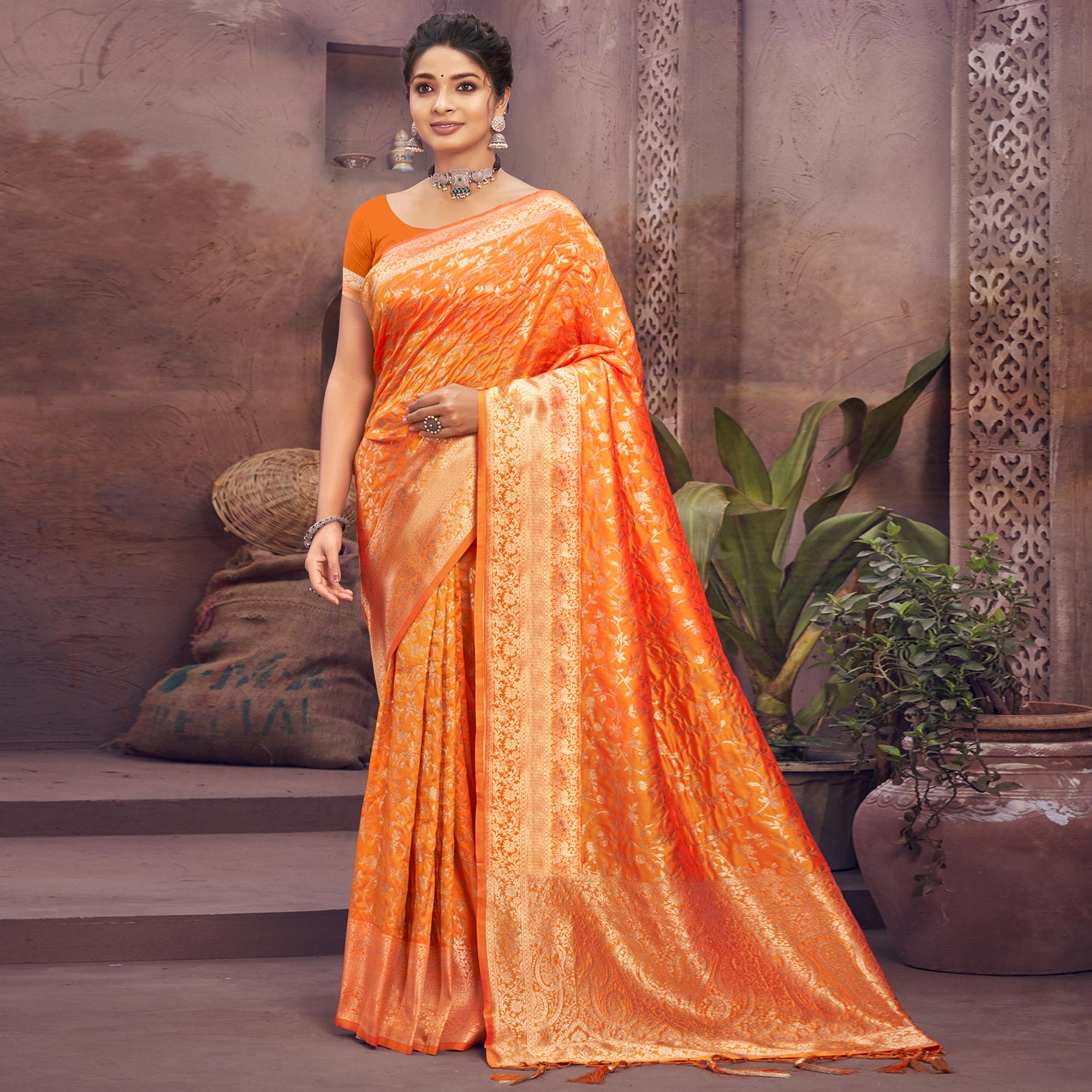 Orange Floral Woven Art Silk Saree