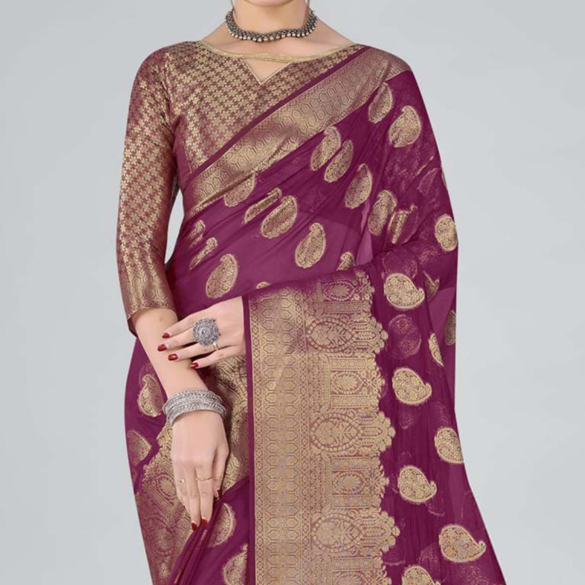 Purple Woven Organza Saree With Tassels