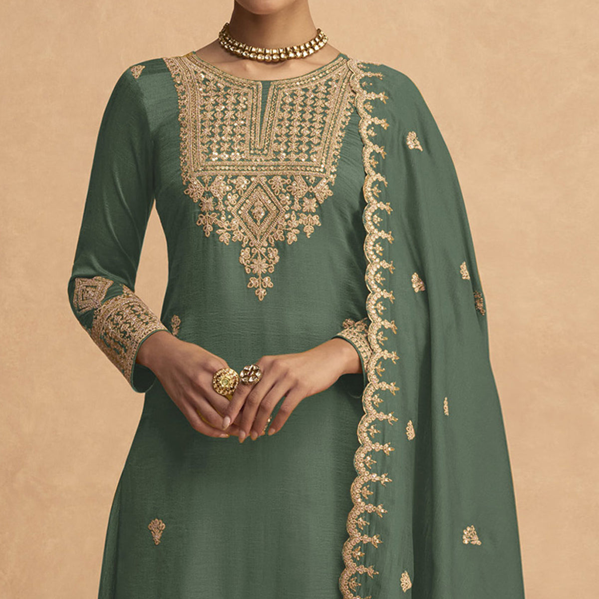 Green Sequins Embroidered Georgette Palazzo Suit
