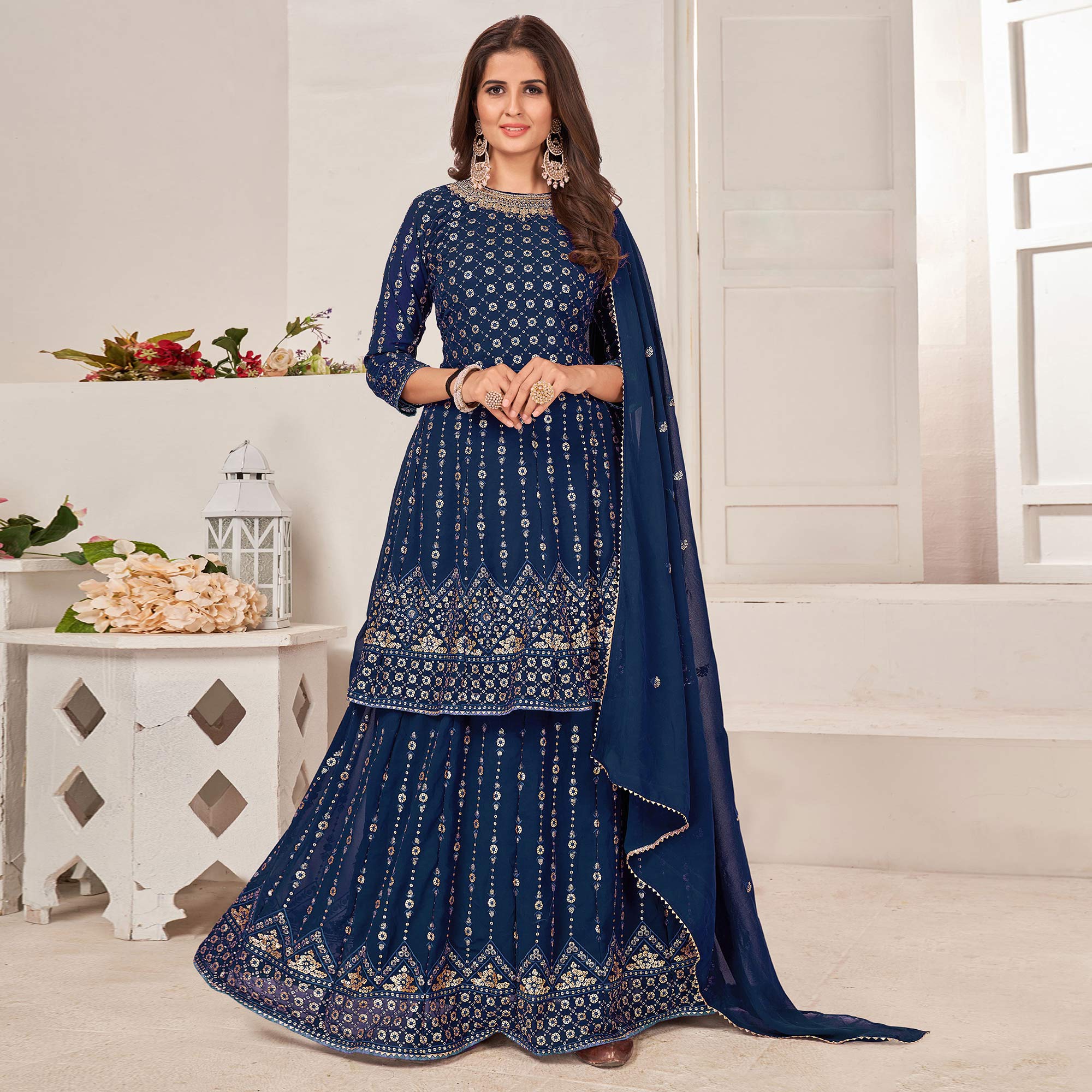 Blue Sequins Embroidered Georgette Sharara Suit