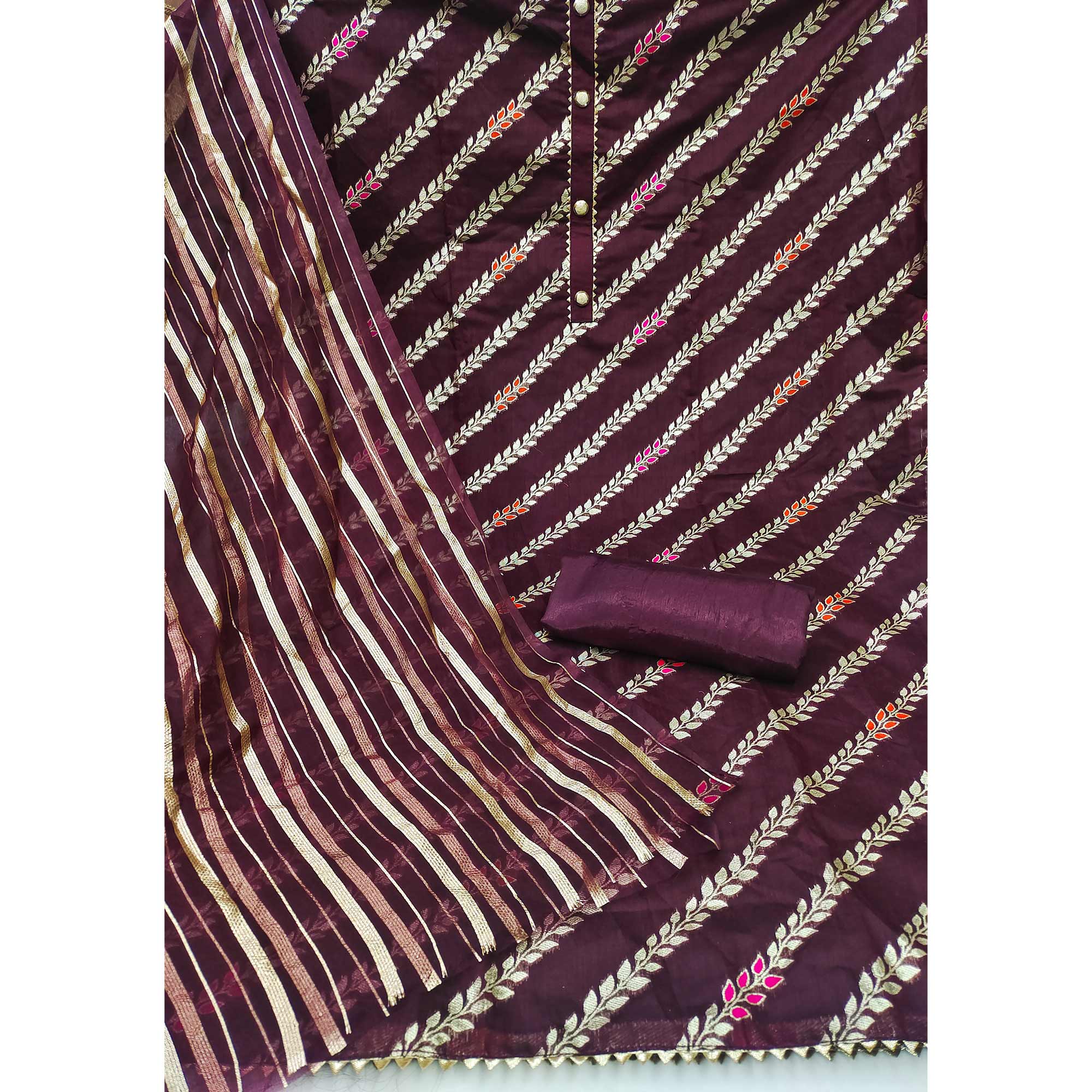 Wine Woven Banarasi Silk Dress Material