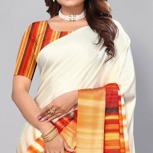 Cream Digital Printed Satin Saree