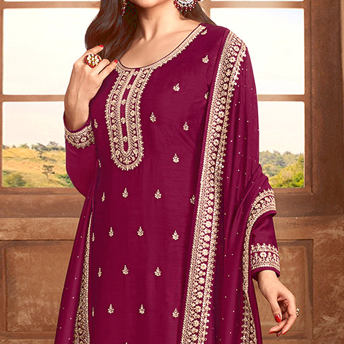 Magenta Purple Floral Embroidered Georgette Semi Stitched Palazzo Suit