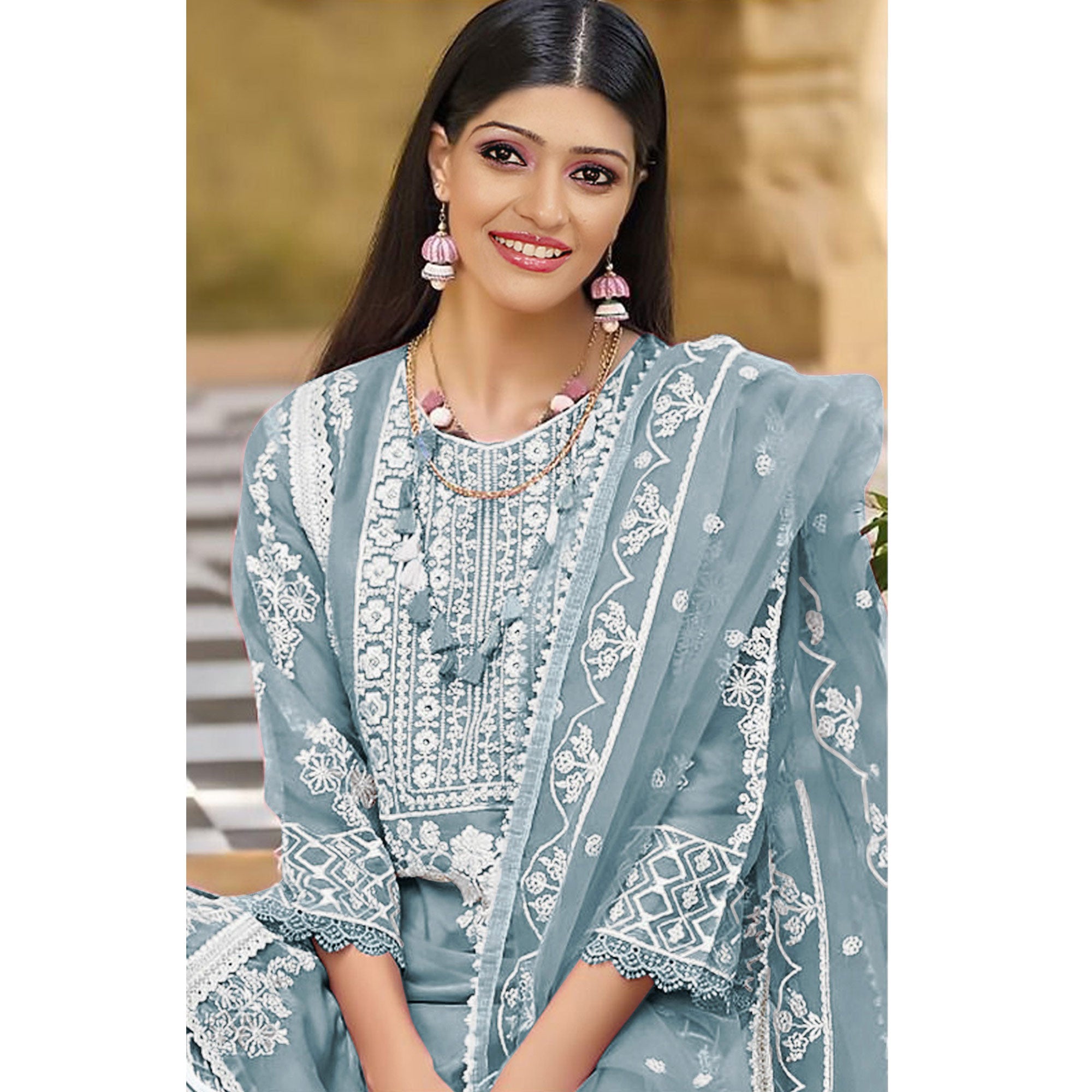 Slate Blue Floral Embroidered Organza Pakistani Suit