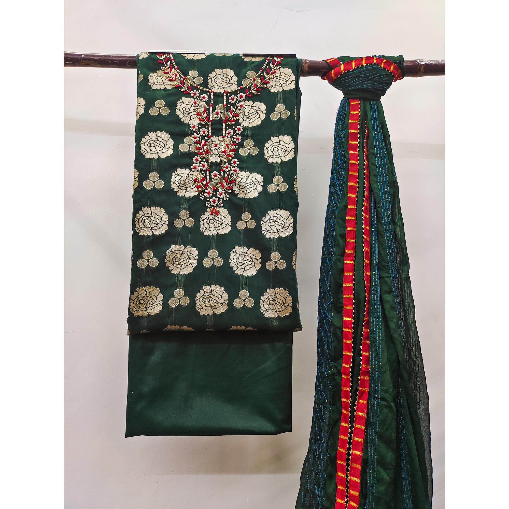 Green Woven Banarasi Silk Dress Material