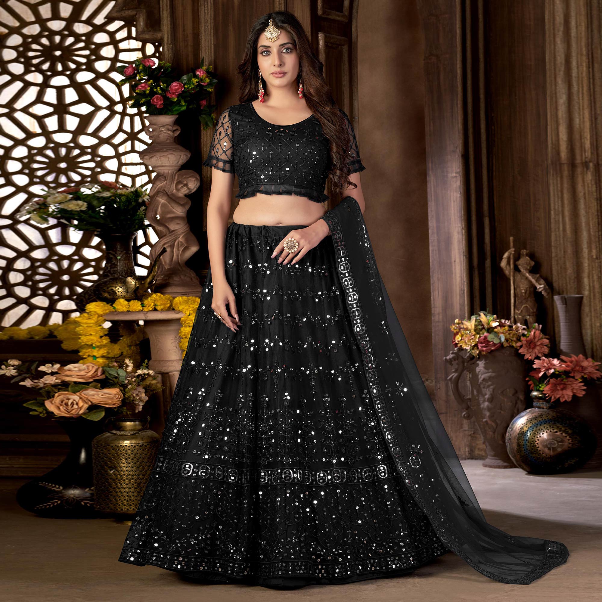 Black Sequins Embroidered Net Lehenga Choli